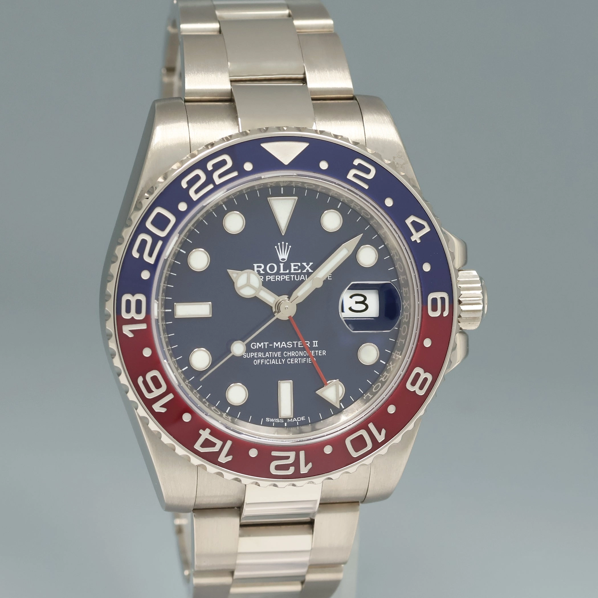 2025 RSC Service Papers Rolex GMT-Master II Pepsi White Gold Blue 116719BLRO Watch