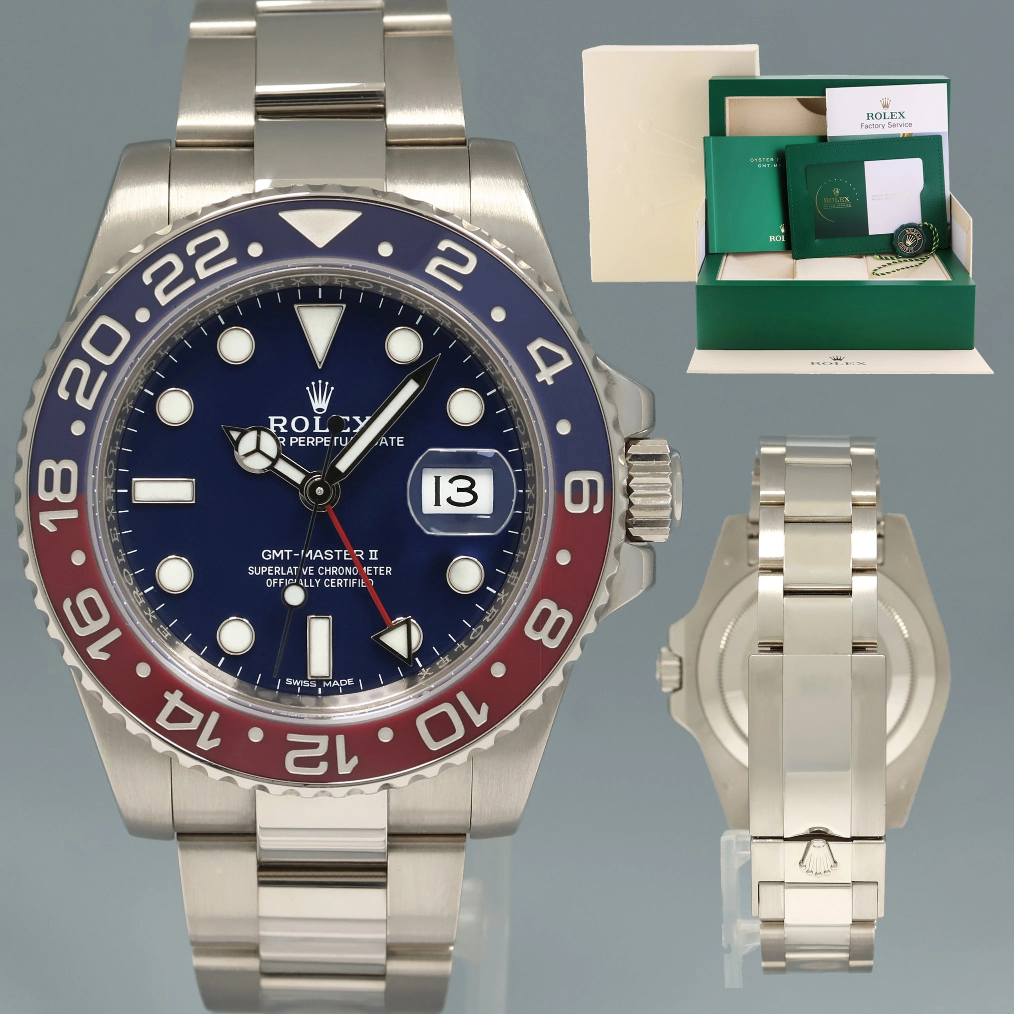 2025 RSC Service Papers Rolex GMT-Master II Pepsi White Gold Blue 116719BLRO Watch