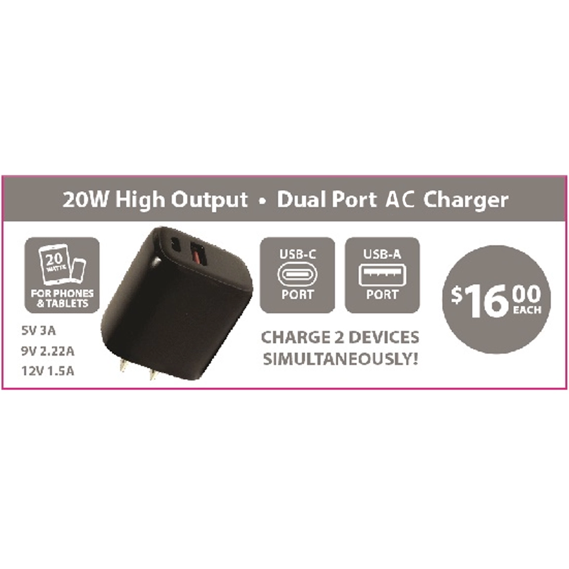 AC Wall Charger Dual Port USB / USB-C 20 Watts - 12 Pieces Per Pack 24675