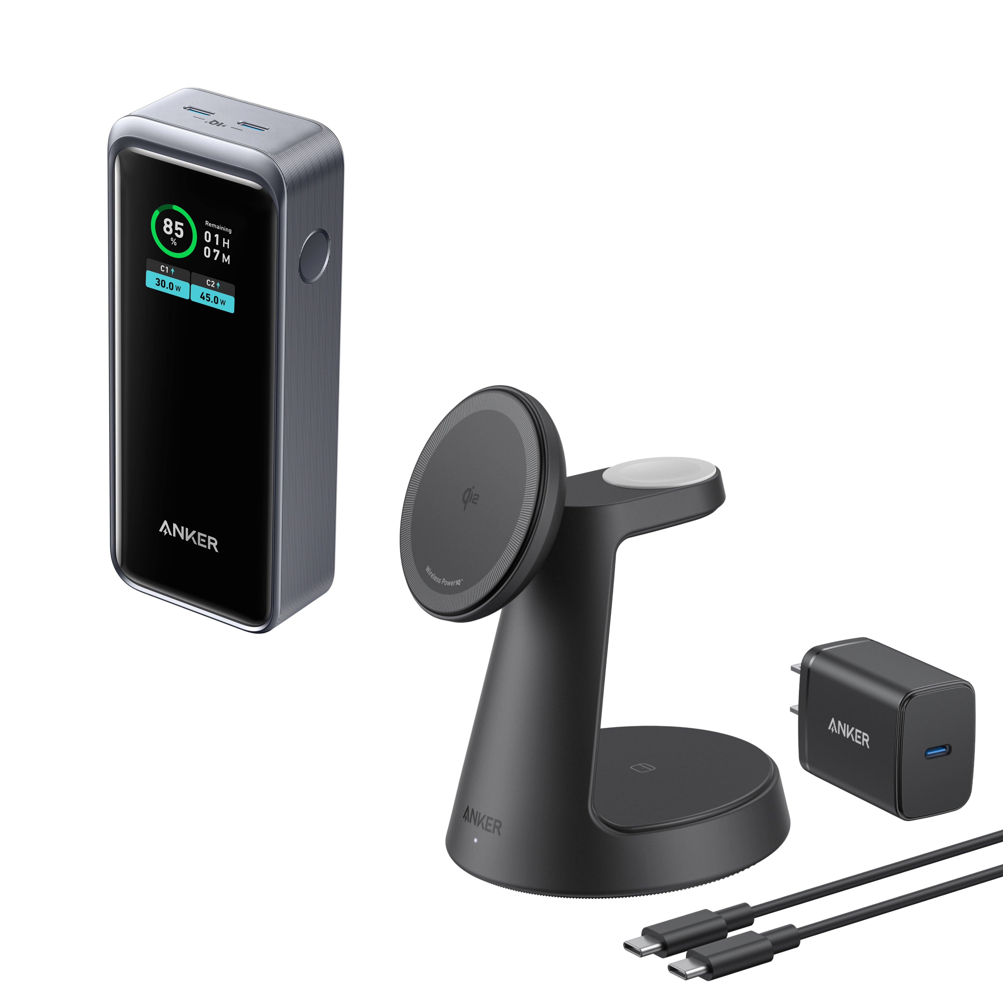 Anker MagGo Wireless Charging Station (3-in-1, Dock Stand) and Anker Prime 12,000mAh Power Bank (130W)