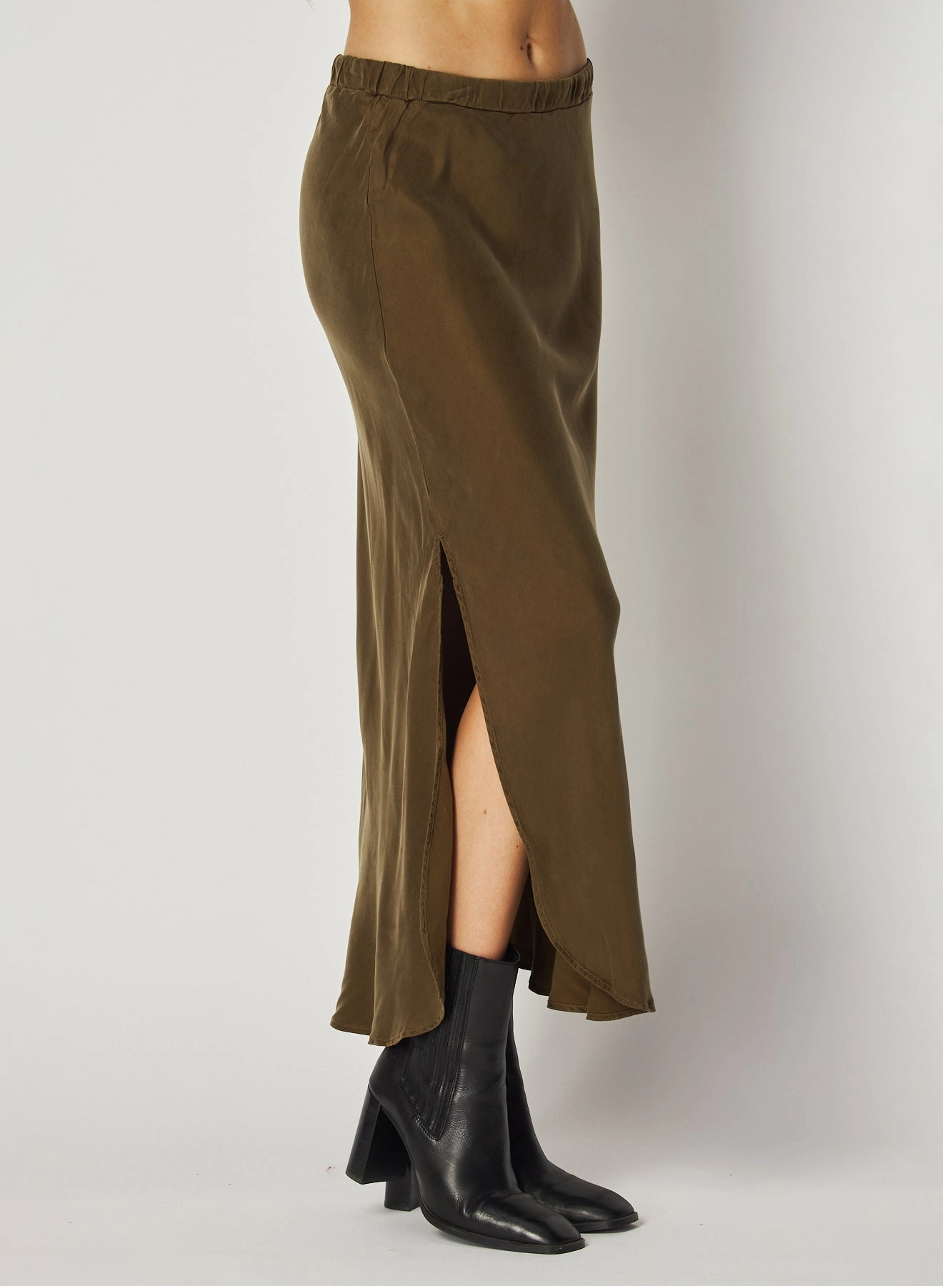 Asymmetric Side Slit Bias Skirt - Autumn Olive