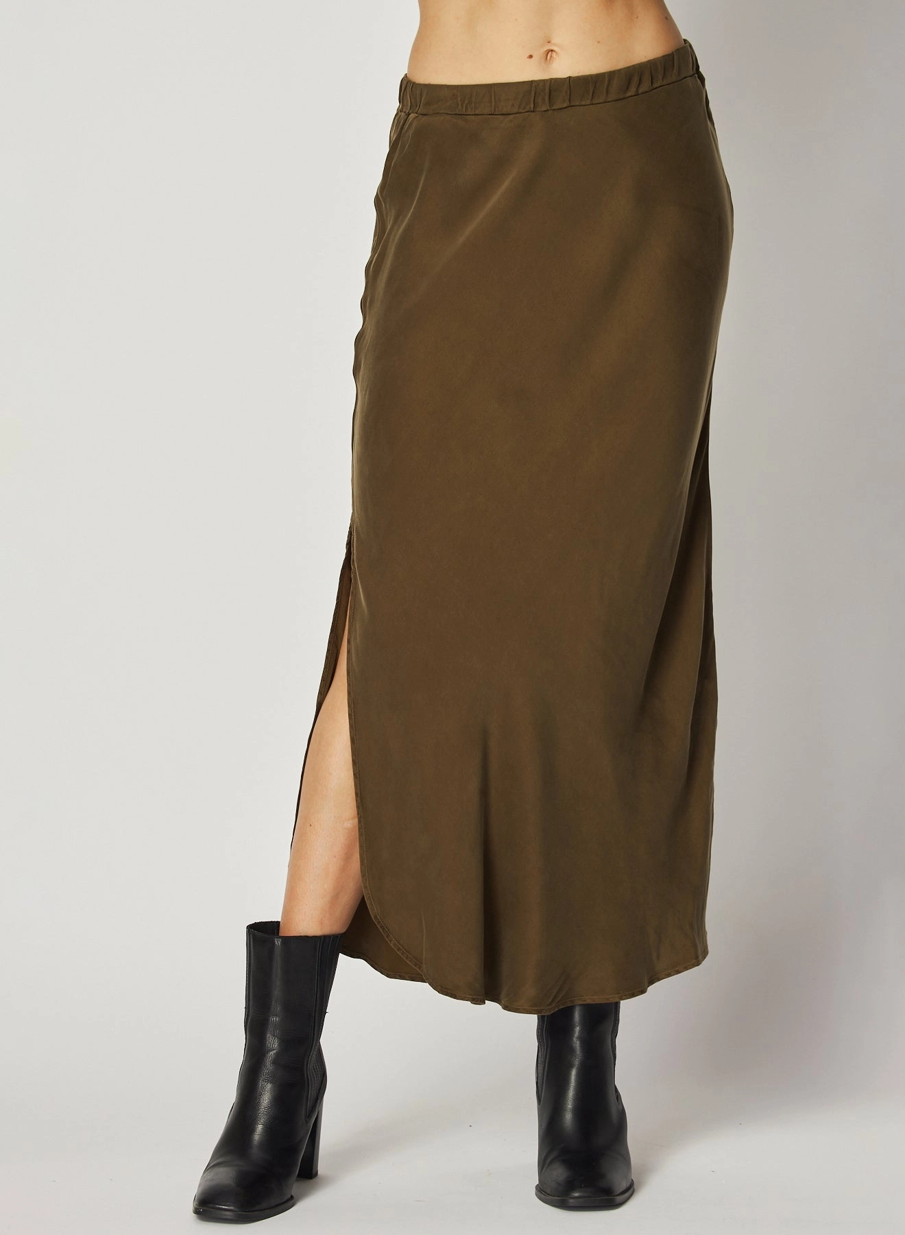 Asymmetric Side Slit Bias Skirt - Autumn Olive