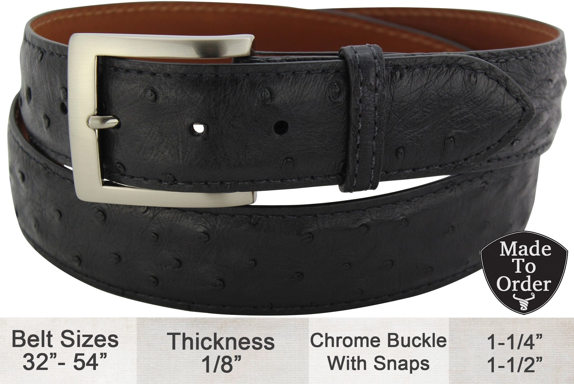 Black Ostrich Designer Full Grain Leather Belt **Made To Order Allow 5 To 6 Weeks To Ship