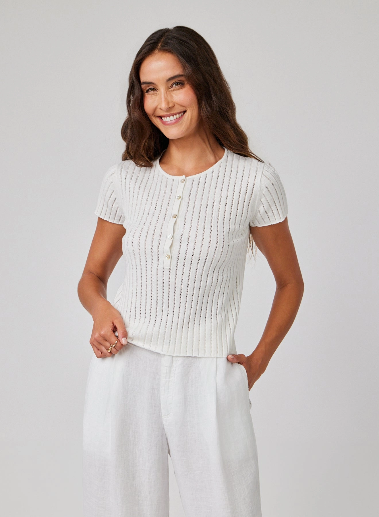 Cap Sleeve Henley - White