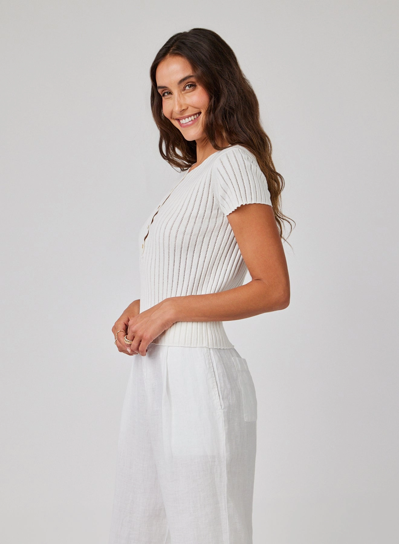 Cap Sleeve Henley - White