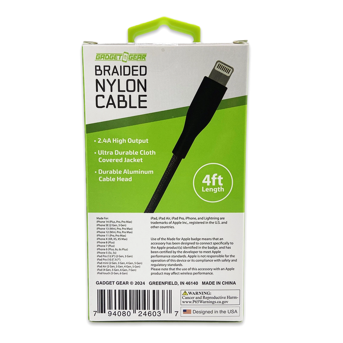 Charging Cable Nylon Braided USB to Lightning 4FT 2.4 Amp - 3 Pieces Per Pack 24603