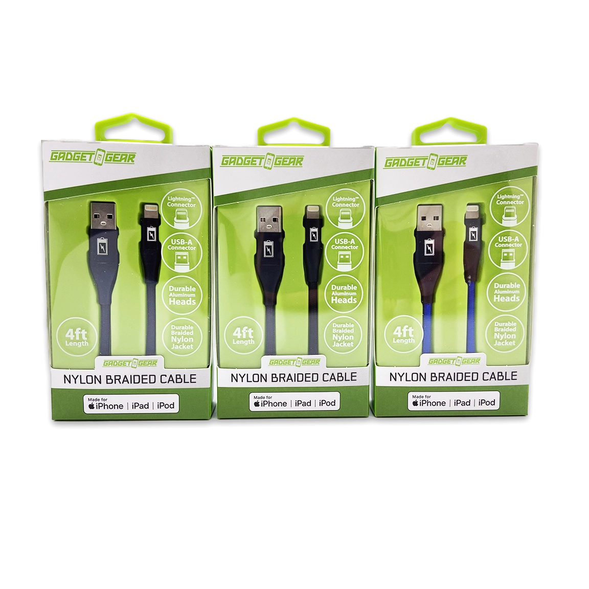 Charging Cable Nylon Braided USB to Lightning 4FT 2.4 Amp - 3 Pieces Per Pack 24603