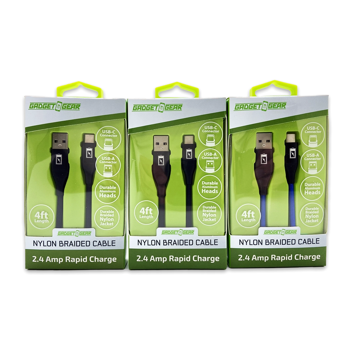 Charging Cable Nylon Braided USB to USB-C 4FT 2.4 Amp - 3 Pieces Per Pack 24616
