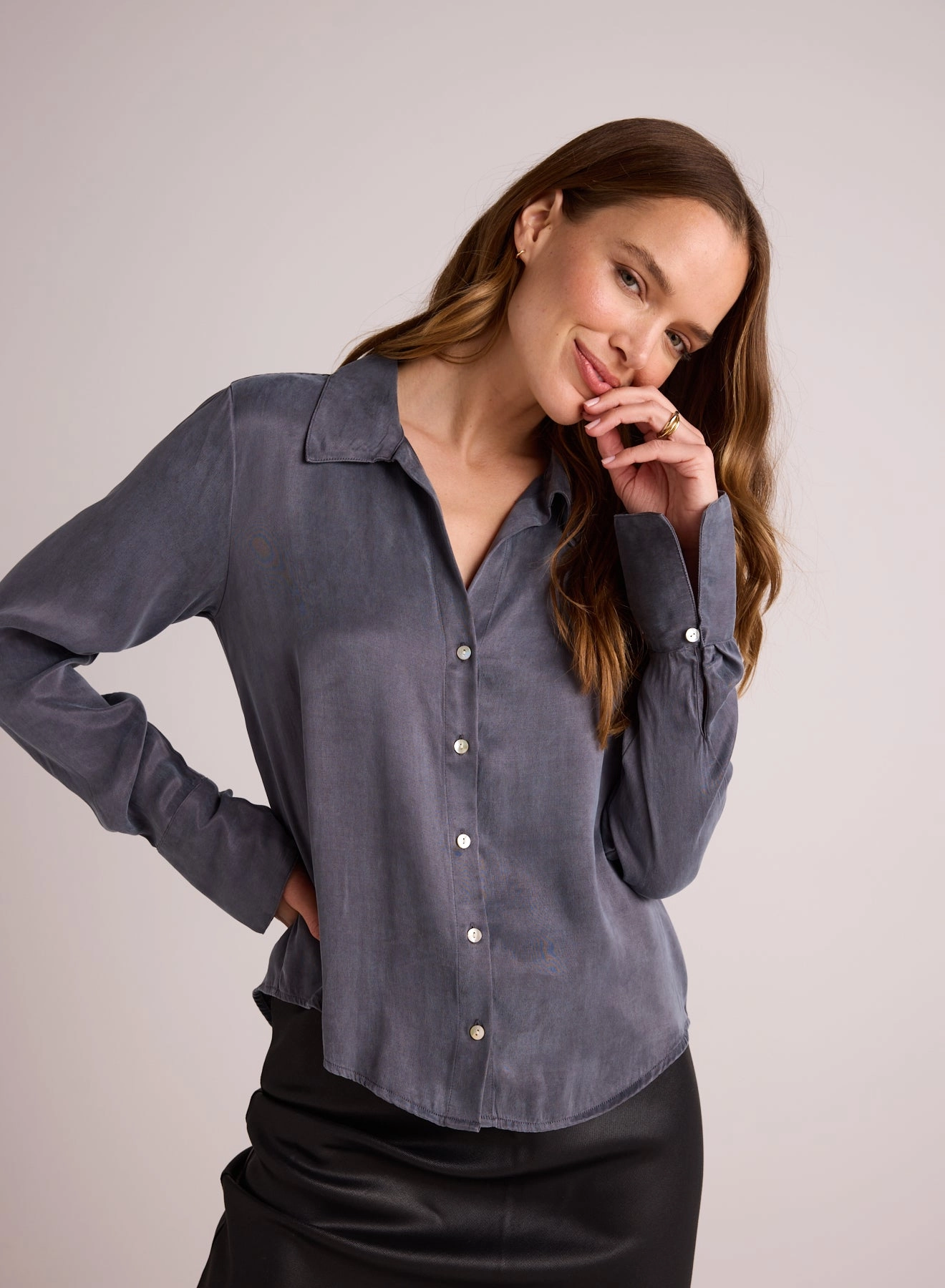 Flowy Wide Collar Button Down - Slate Stone