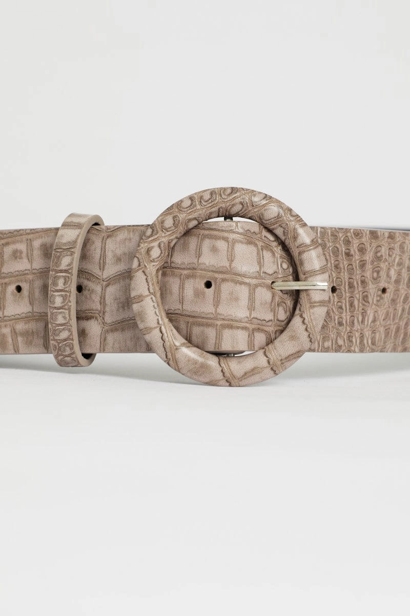 Grey Faux Croc Leather Round Buckle Belt