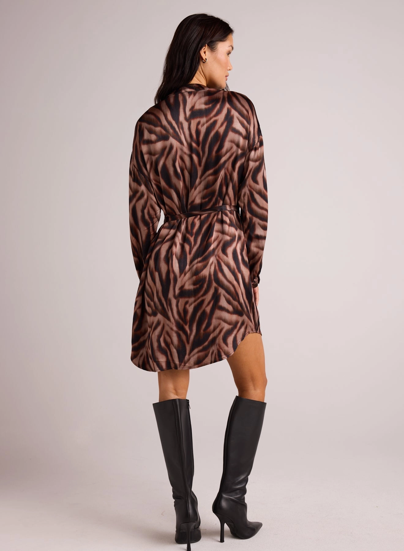 Long Sleeve Belted Mini Dress - Hazy Woodland Print
