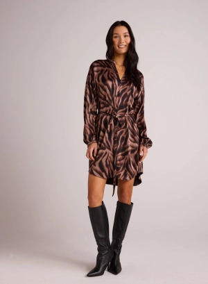 Long Sleeve Belted Mini Dress - Hazy Woodland Print