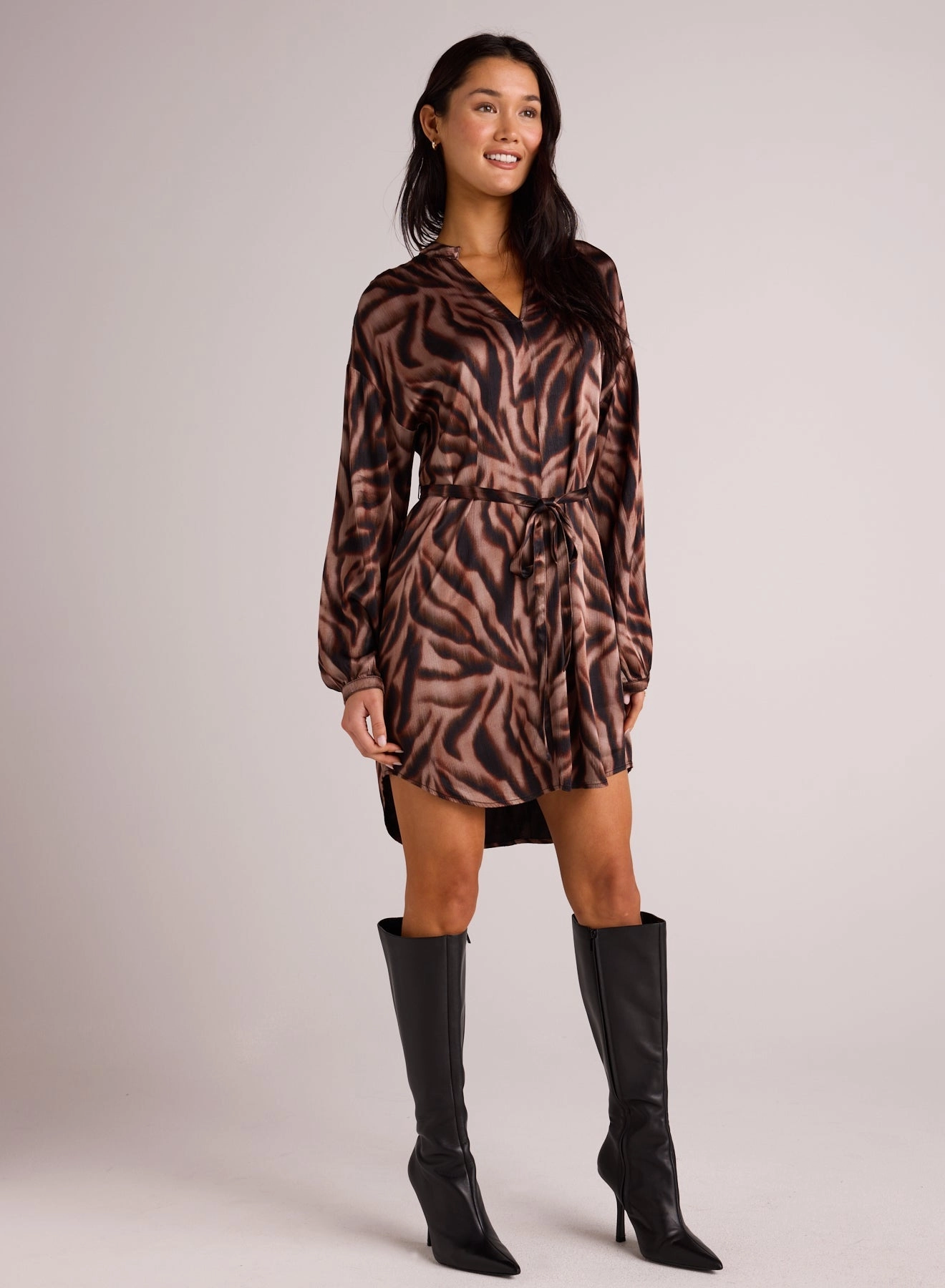 Long Sleeve Belted Mini Dress - Hazy Woodland Print