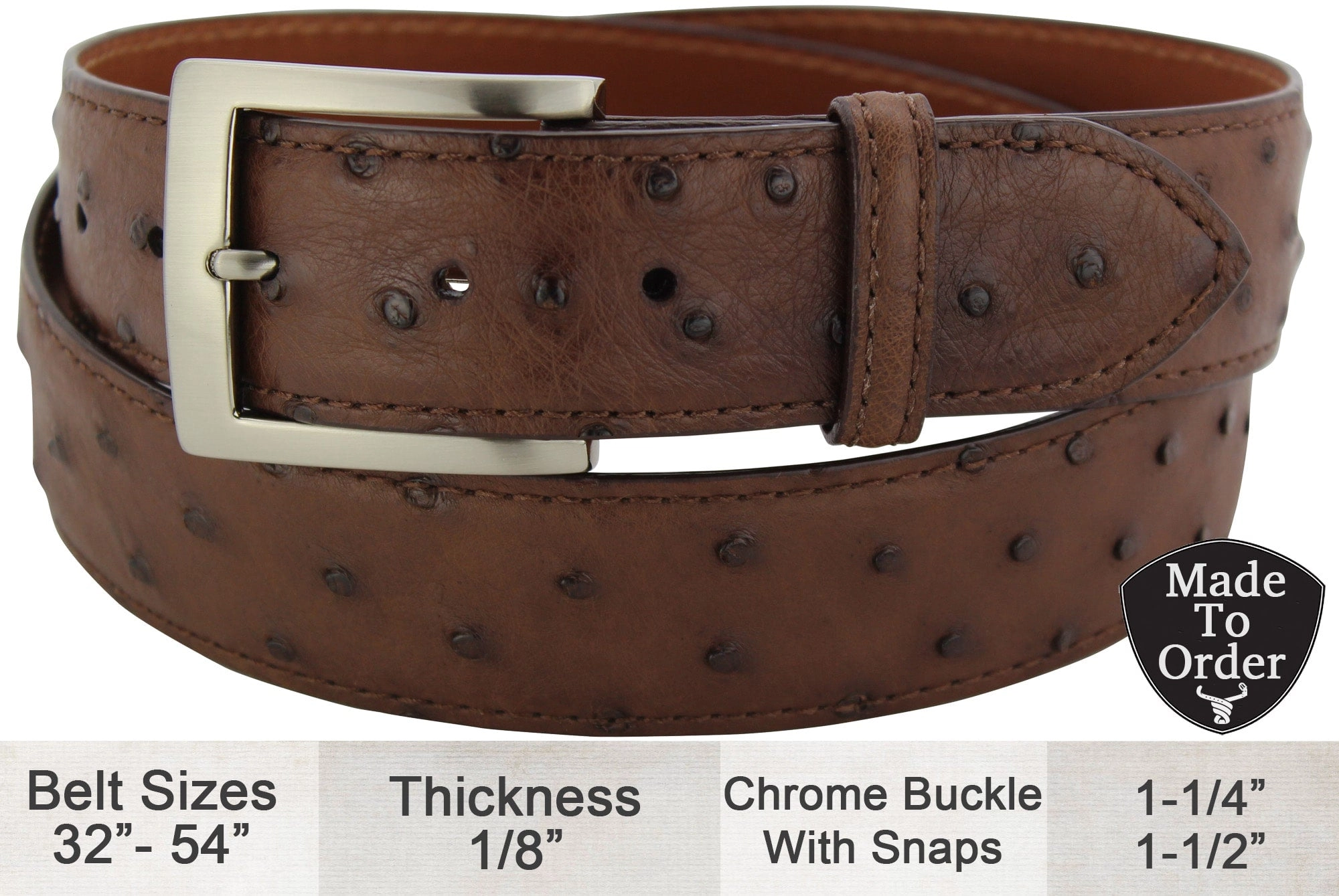 Men's Brown Ostrich Designer Full Grain Leather Belt **Made To Order Allow 5 To 6 Weeks To Ship