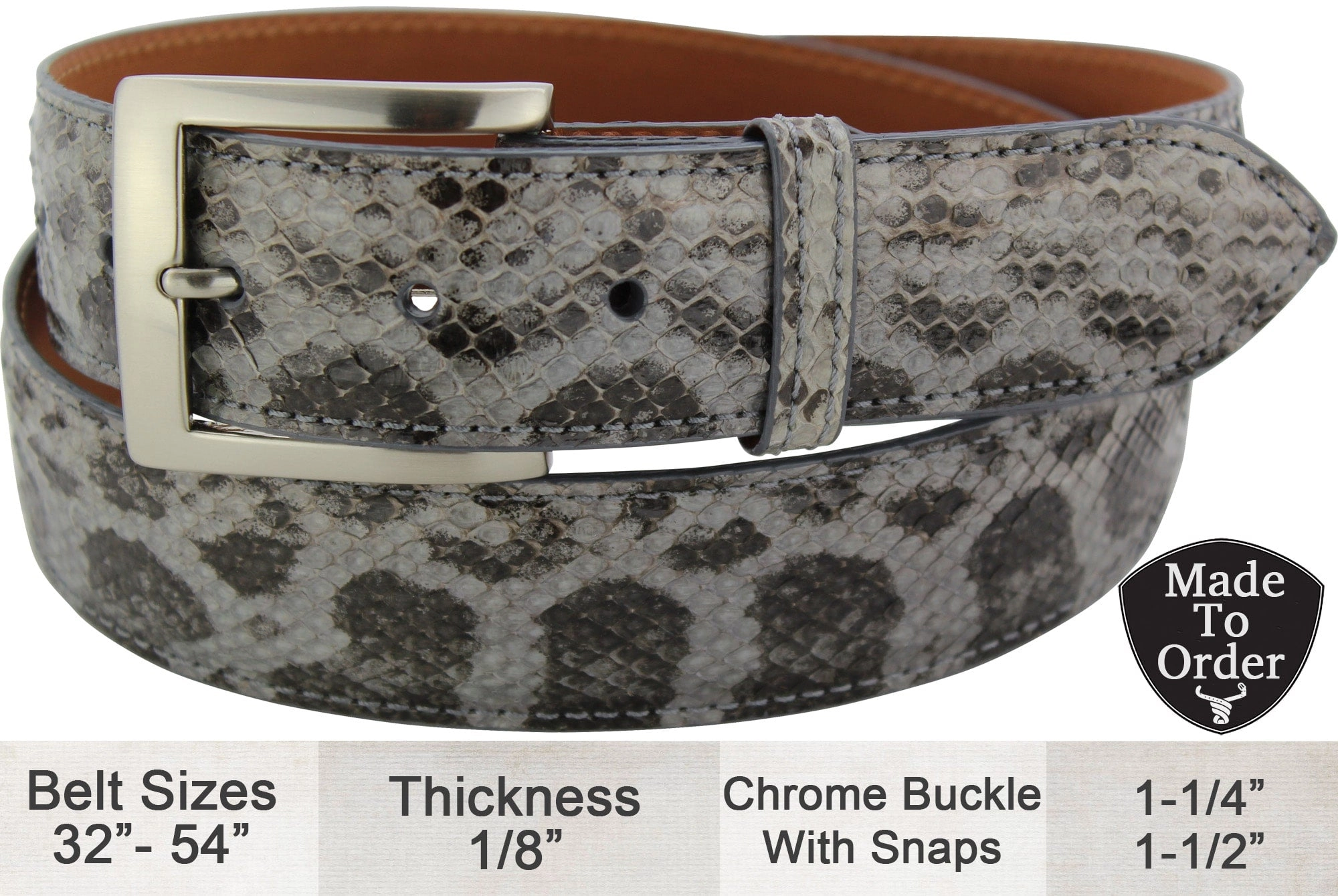 Men's Gray Anaconda Snake Skin Designer Full Grain Leather Belt **Made To Order Allow 5 To 6 Weeks To Ship