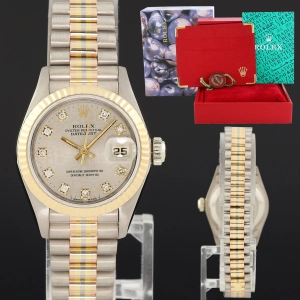 MINT Ladies Rolex 26mm President Rose White Yellow Gold 69179 Tridor Diamond Watch
