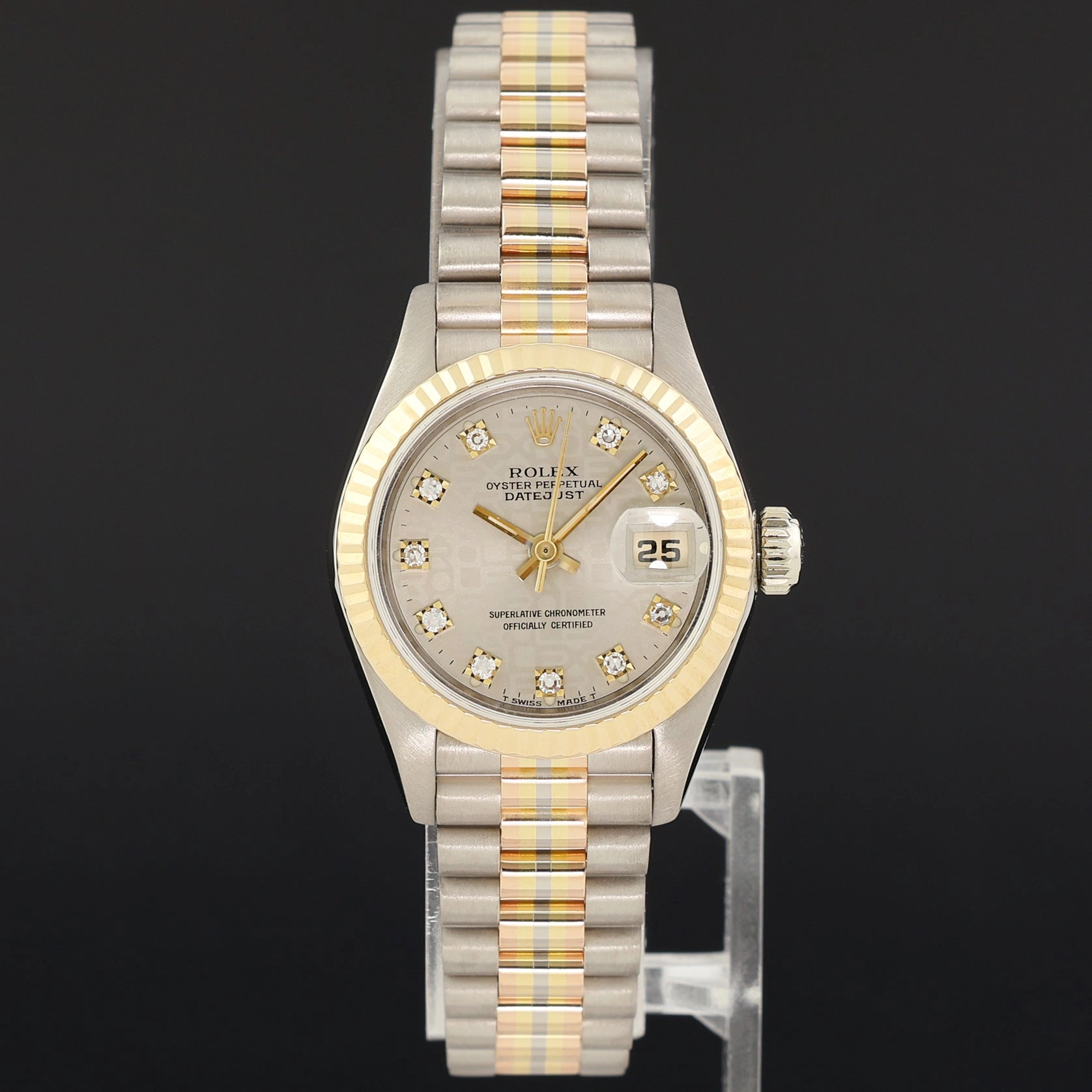 MINT Ladies Rolex 26mm President Rose White Yellow Gold 69179 Tridor Diamond Watch