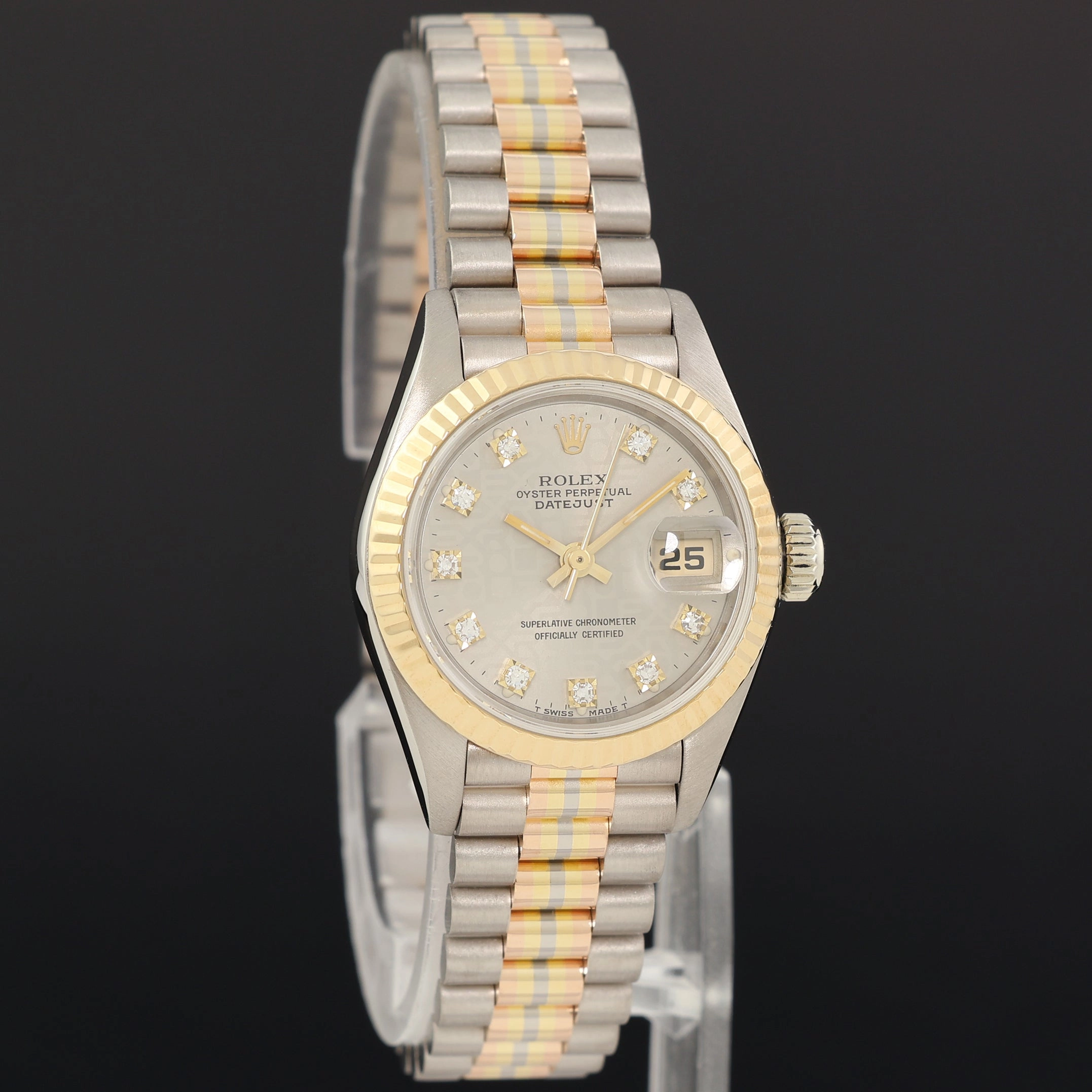 MINT Ladies Rolex 26mm President Rose White Yellow Gold 69179 Tridor Diamond Watch