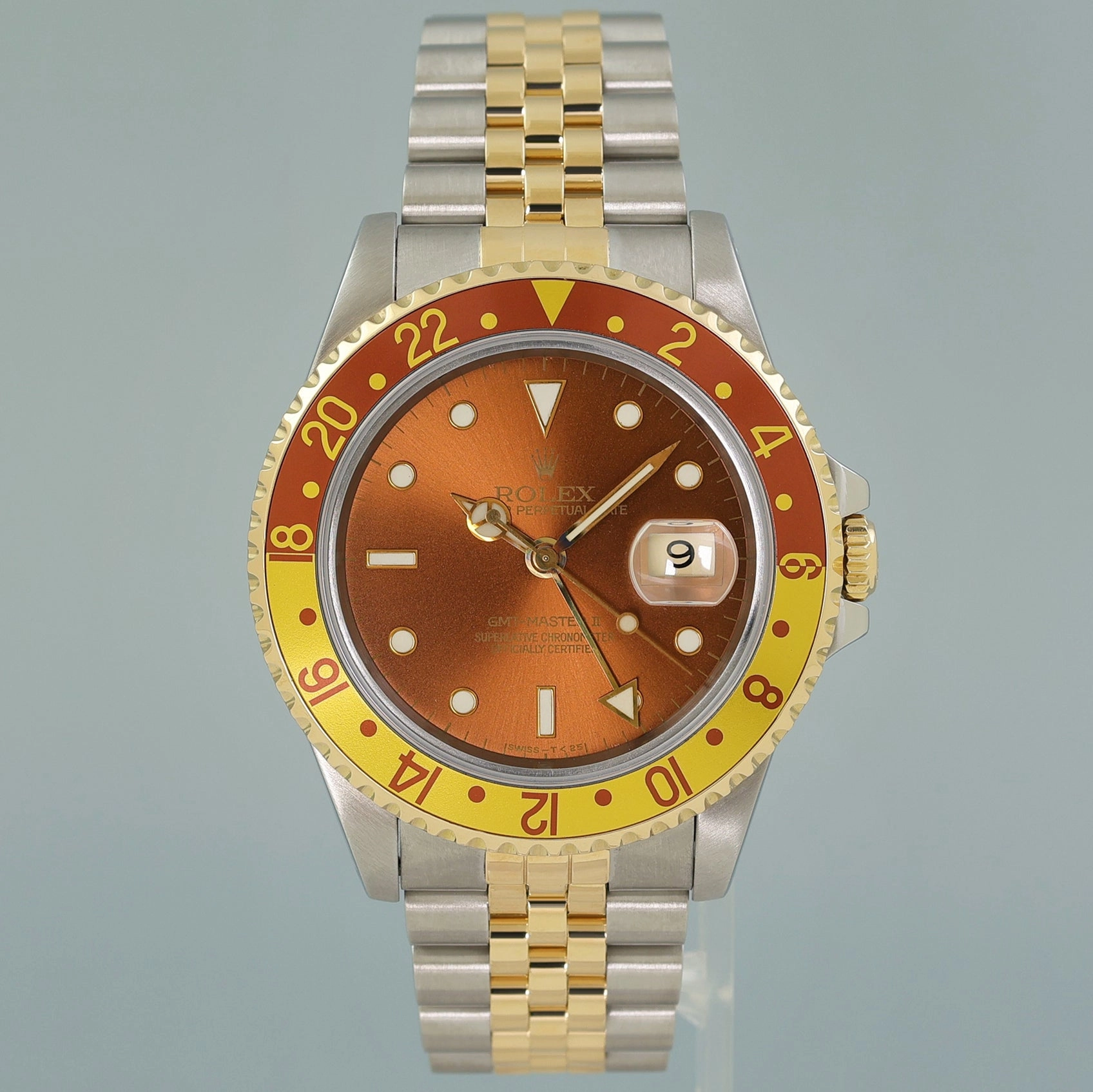 MINT Rolex GMT-Master II 16713 Two-Tone Yellow Gold and Steel Rootbeer Jubilee Watch
