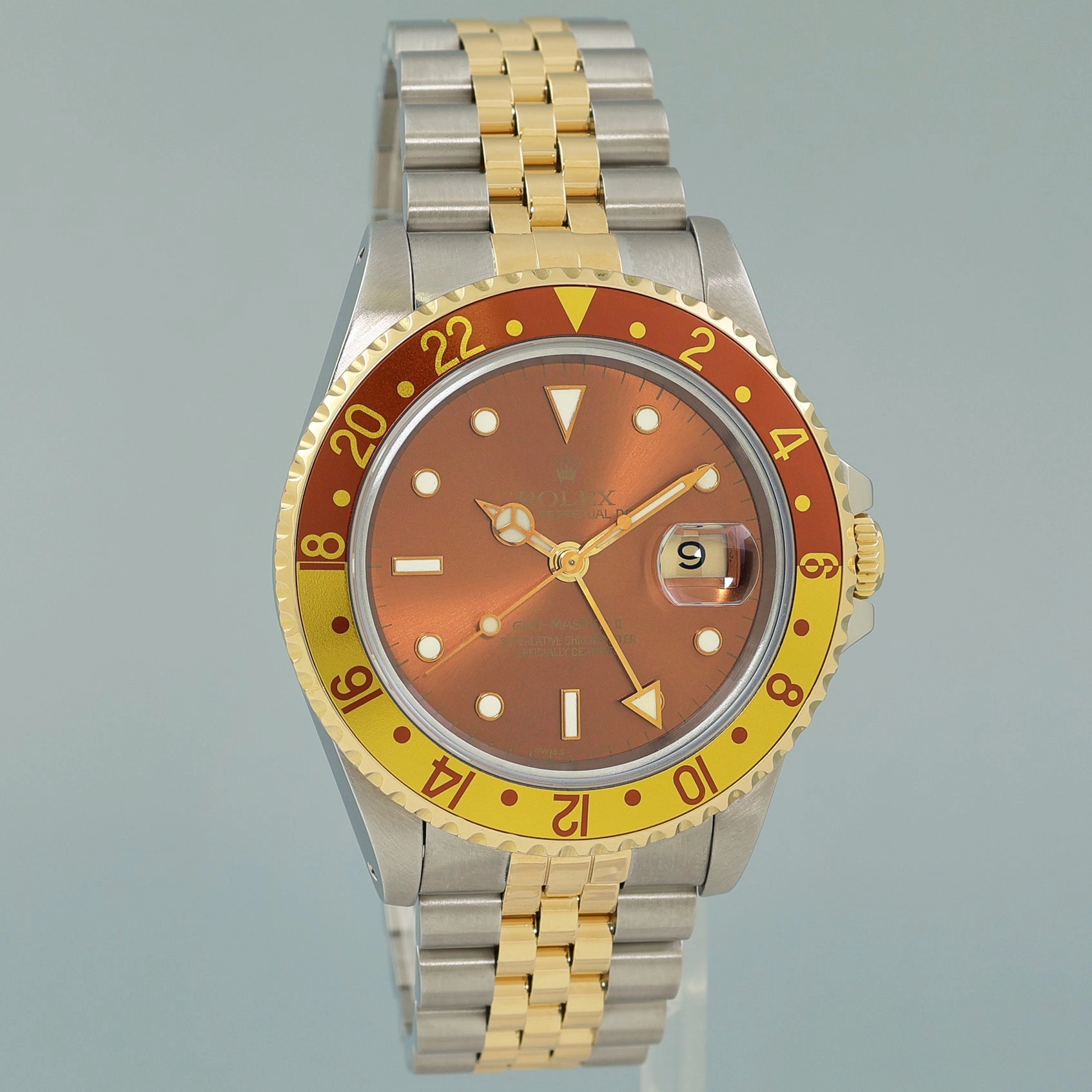 MINT Rolex GMT-Master II 16713 Two-Tone Yellow Gold and Steel Rootbeer Jubilee Watch
