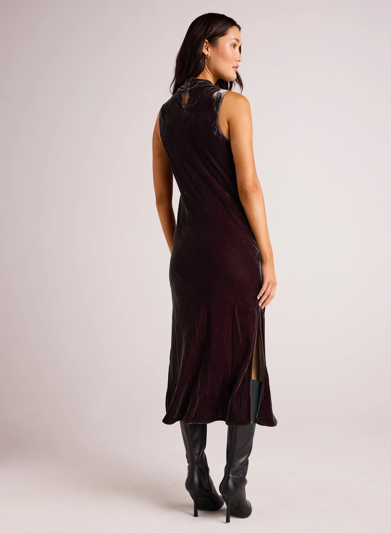 Mock Neck Velvet Dress - Aubergine