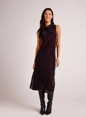 Mock Neck Velvet Dress - Aubergine