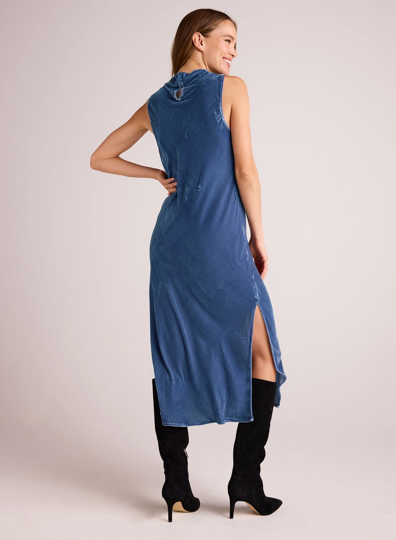 Mock Neck Velvet Dress - Nordic Blue