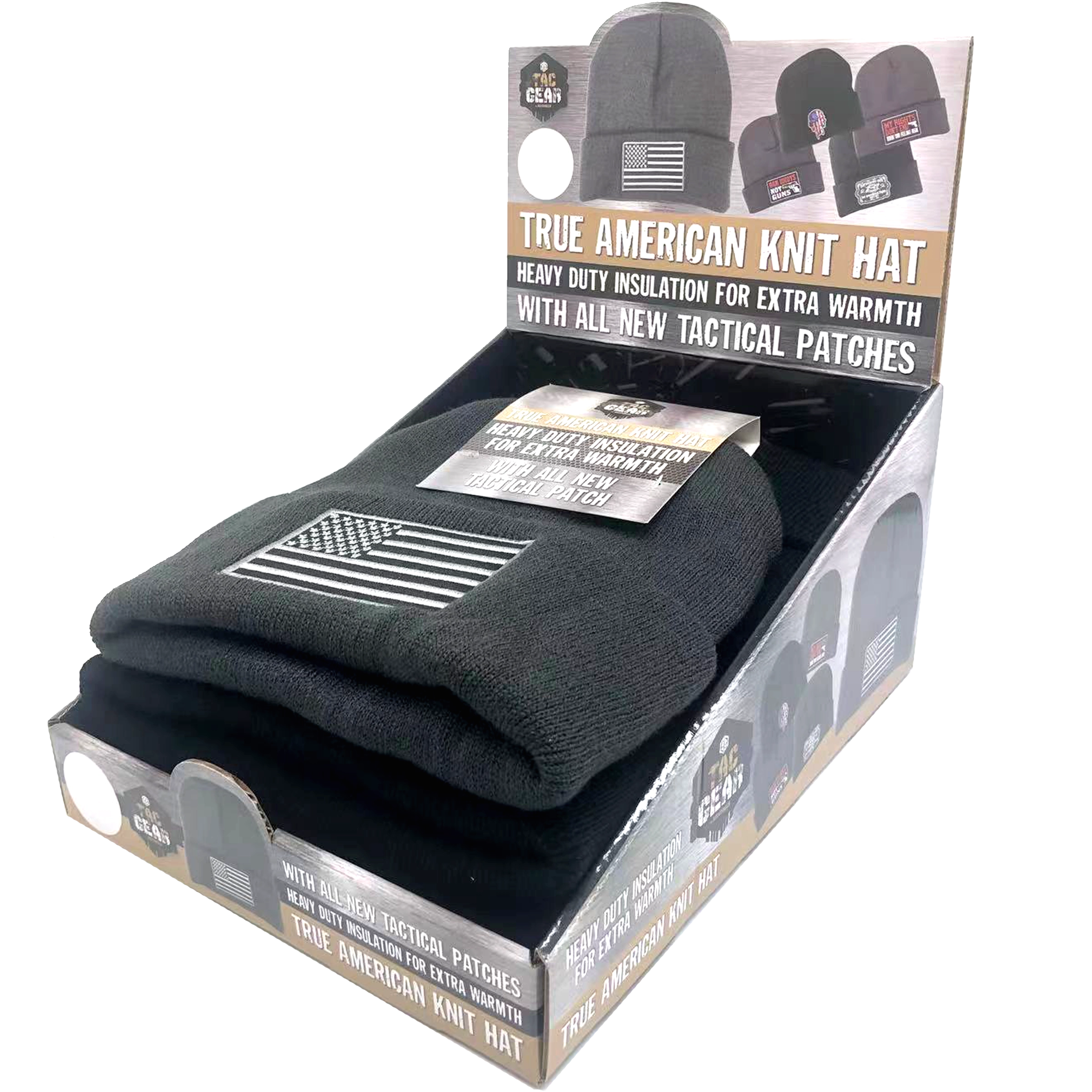 Patriotic Cuffed Knit Hat Beanie with Tac Gear Patch - 6 Pieces Per Retail Ready Display 23504