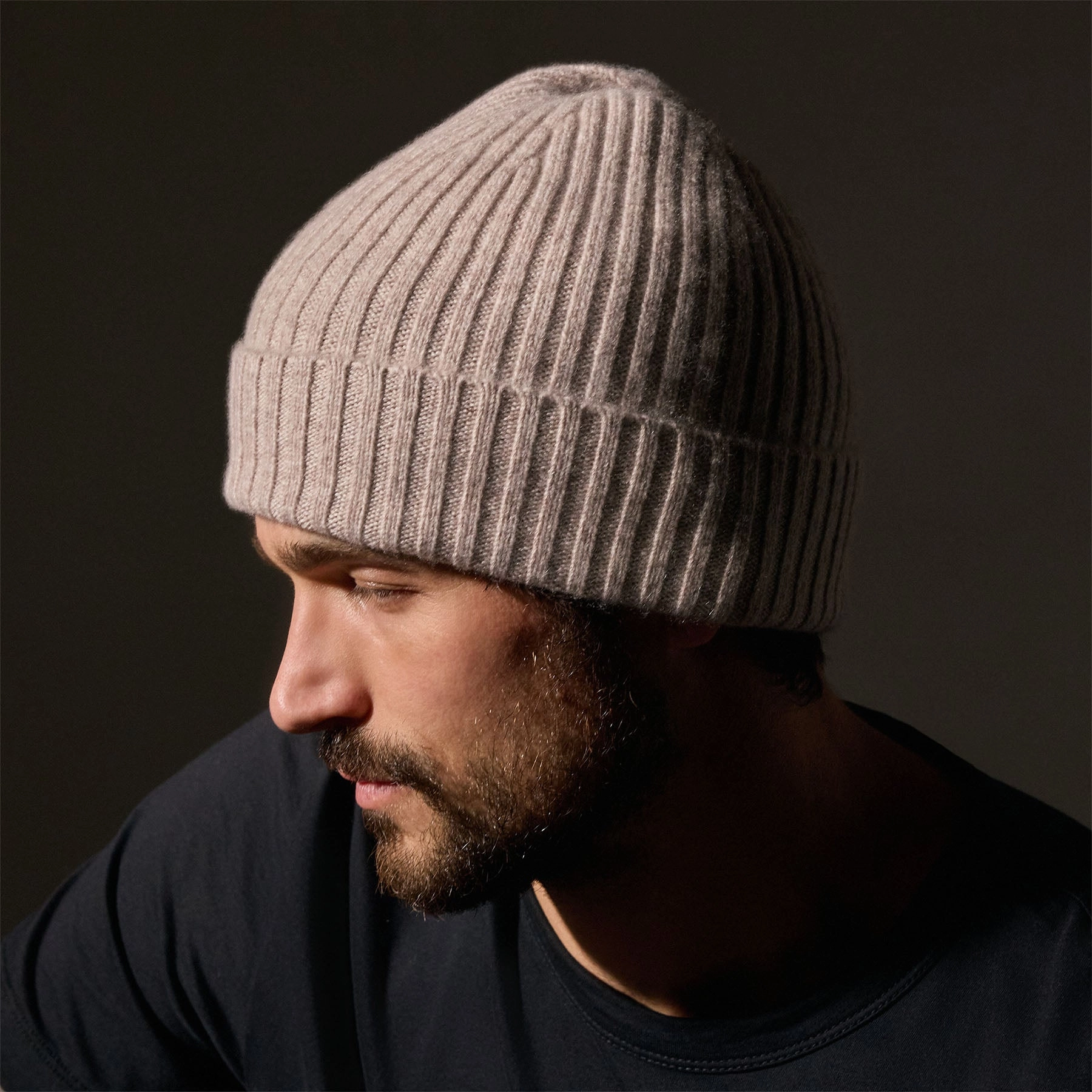 Recycled Cashmere Ribbed Beanie - Stone