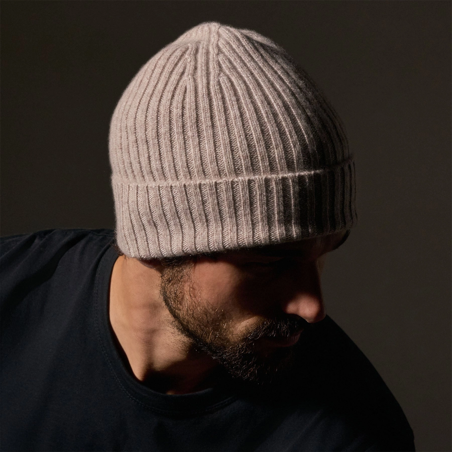 Recycled Cashmere Ribbed Beanie - Stone