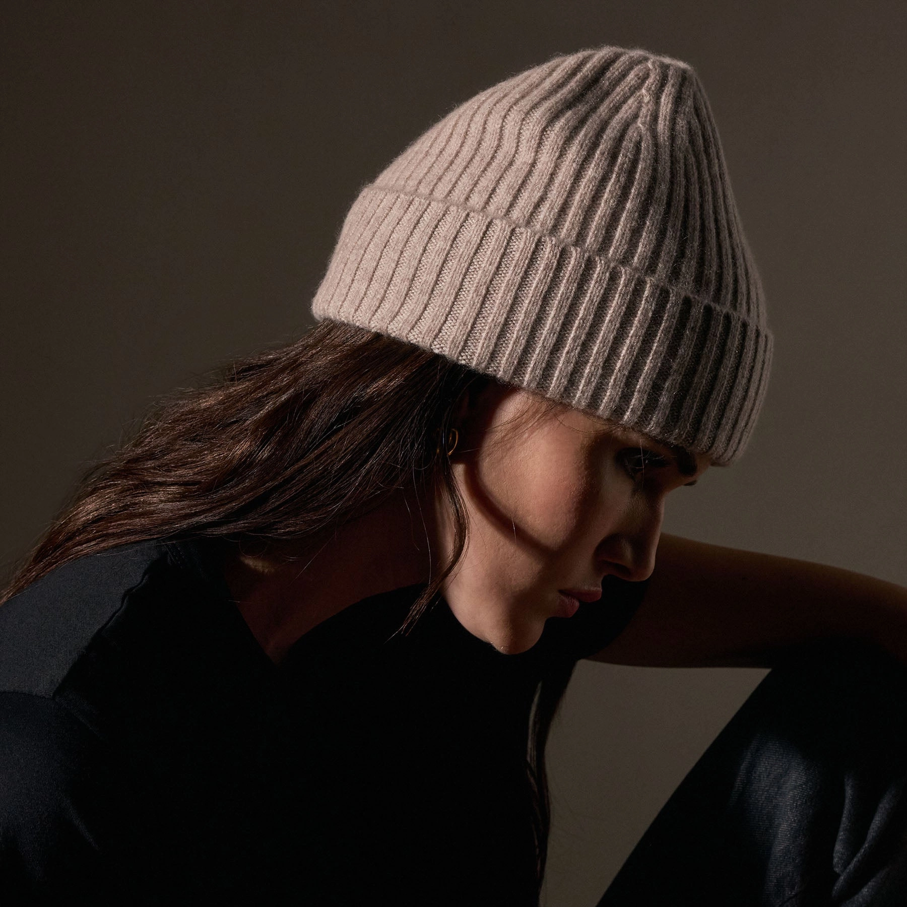 Recycled Cashmere Ribbed Beanie - Stone