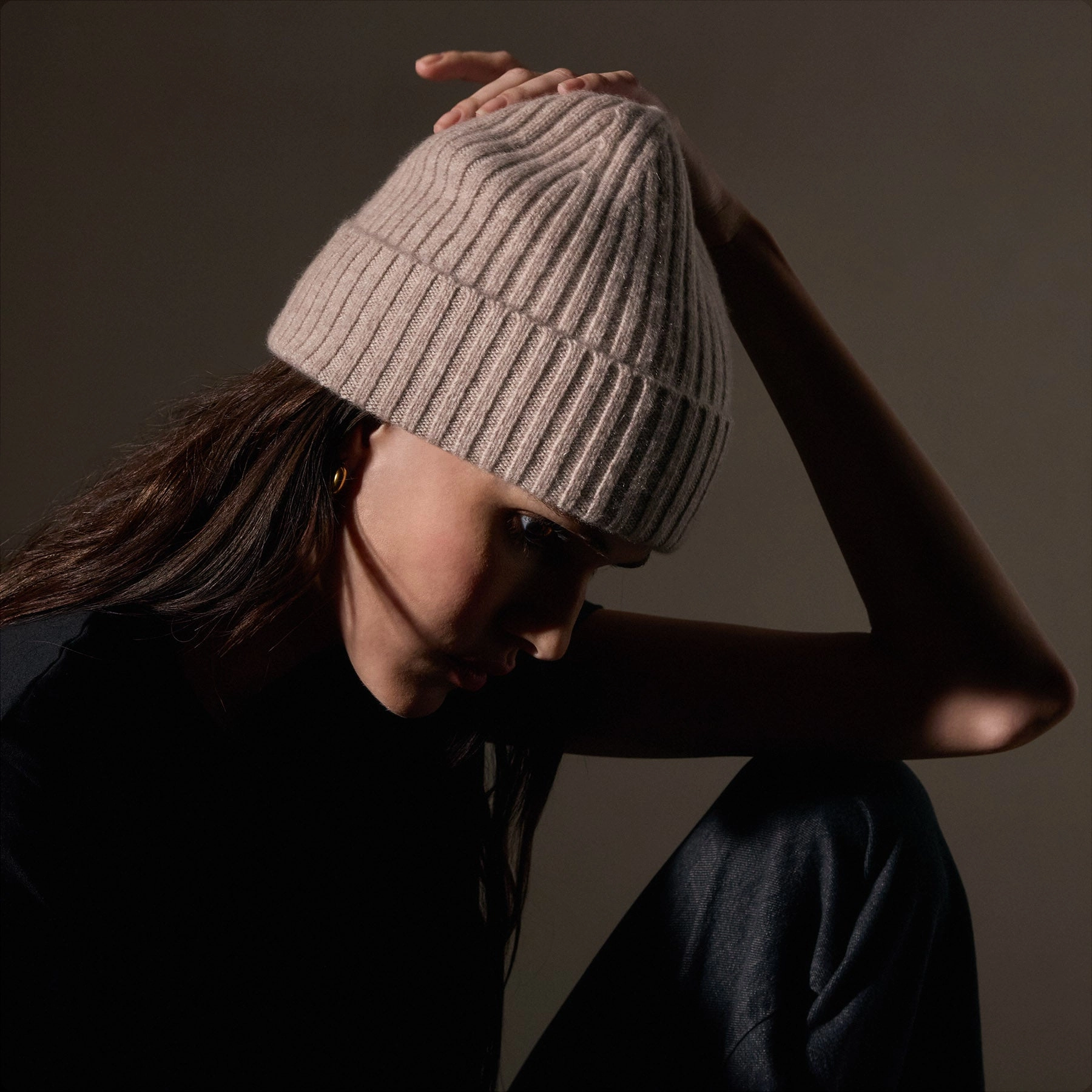 Recycled Cashmere Ribbed Beanie - Stone