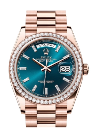 Rolex Day Date 36 Blue Green Diamond set Dial Diamond Bezel Rose Gold President Bracelet 128345RBR