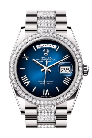 Rolex Day Date 36mm Blue Ombre Roman Dial Diamond Bezel White Gold President Diamond Bracelet 128349RBR