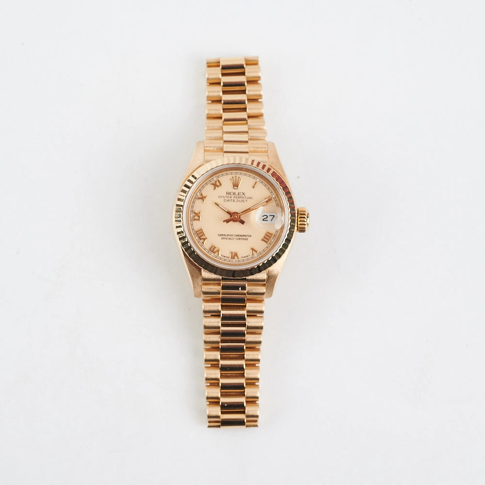 Rolex Lady Datejust 18K Gold Roman Numerals Champagne Dial 26mm President Strap