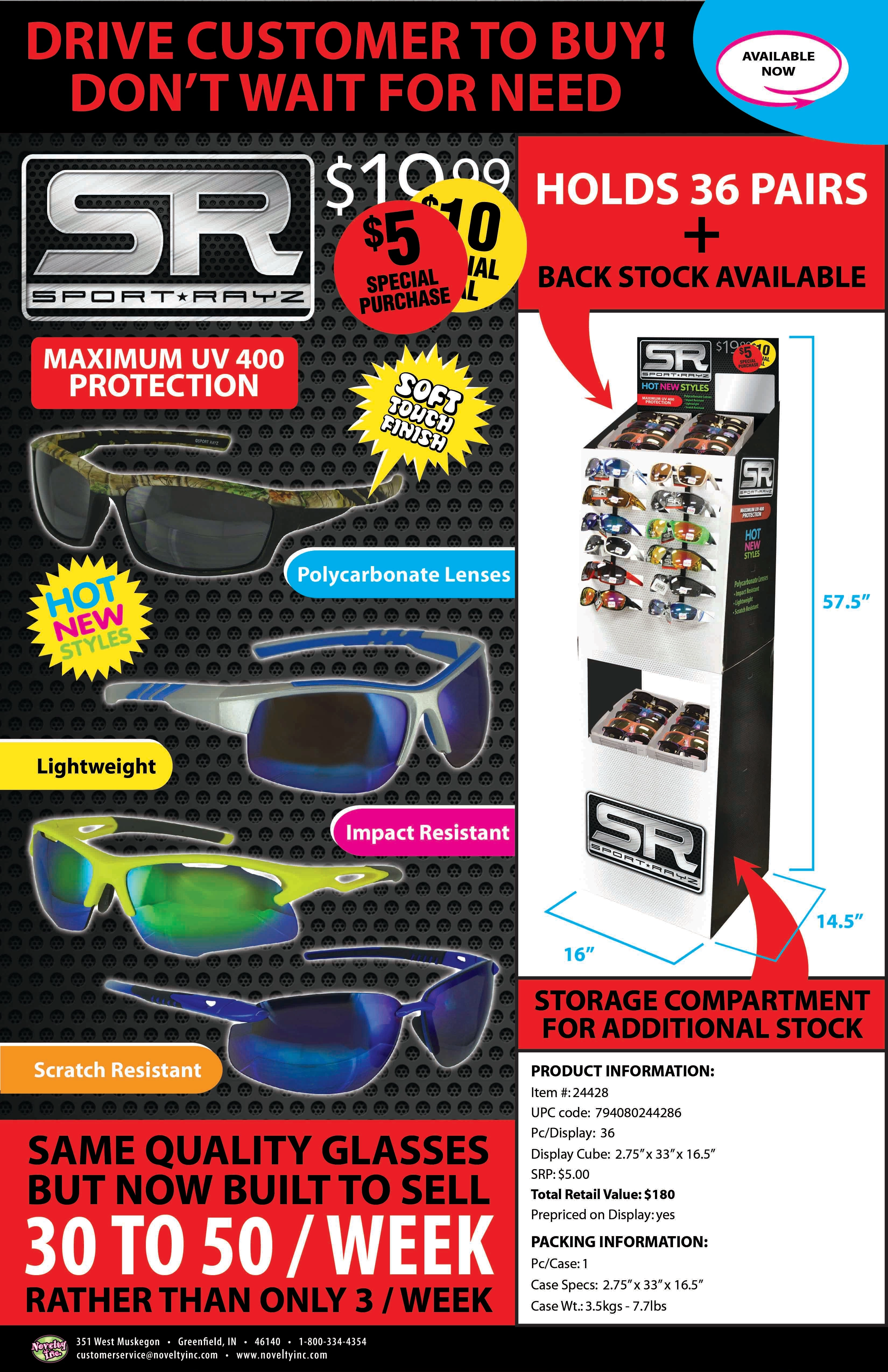 Sunglasses Sport Rayz Assortment Floor Display - 36 Pieces Per Retail Ready Display 88184