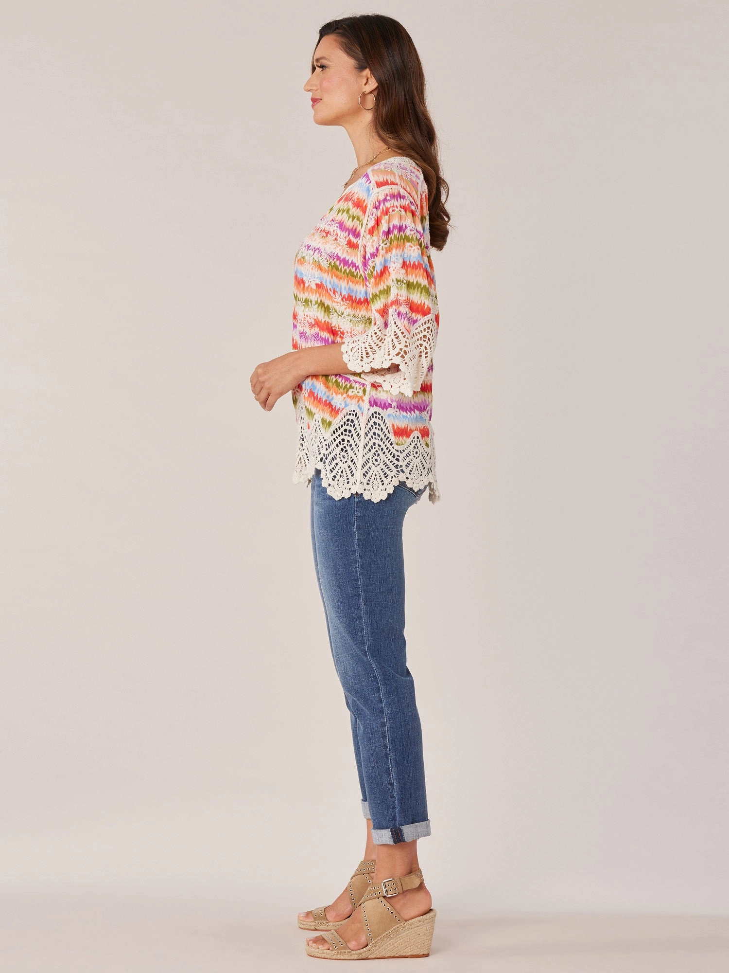Three Quarter Sleeve V-Notch Neck Peplum Crochet Printed Woven Top
