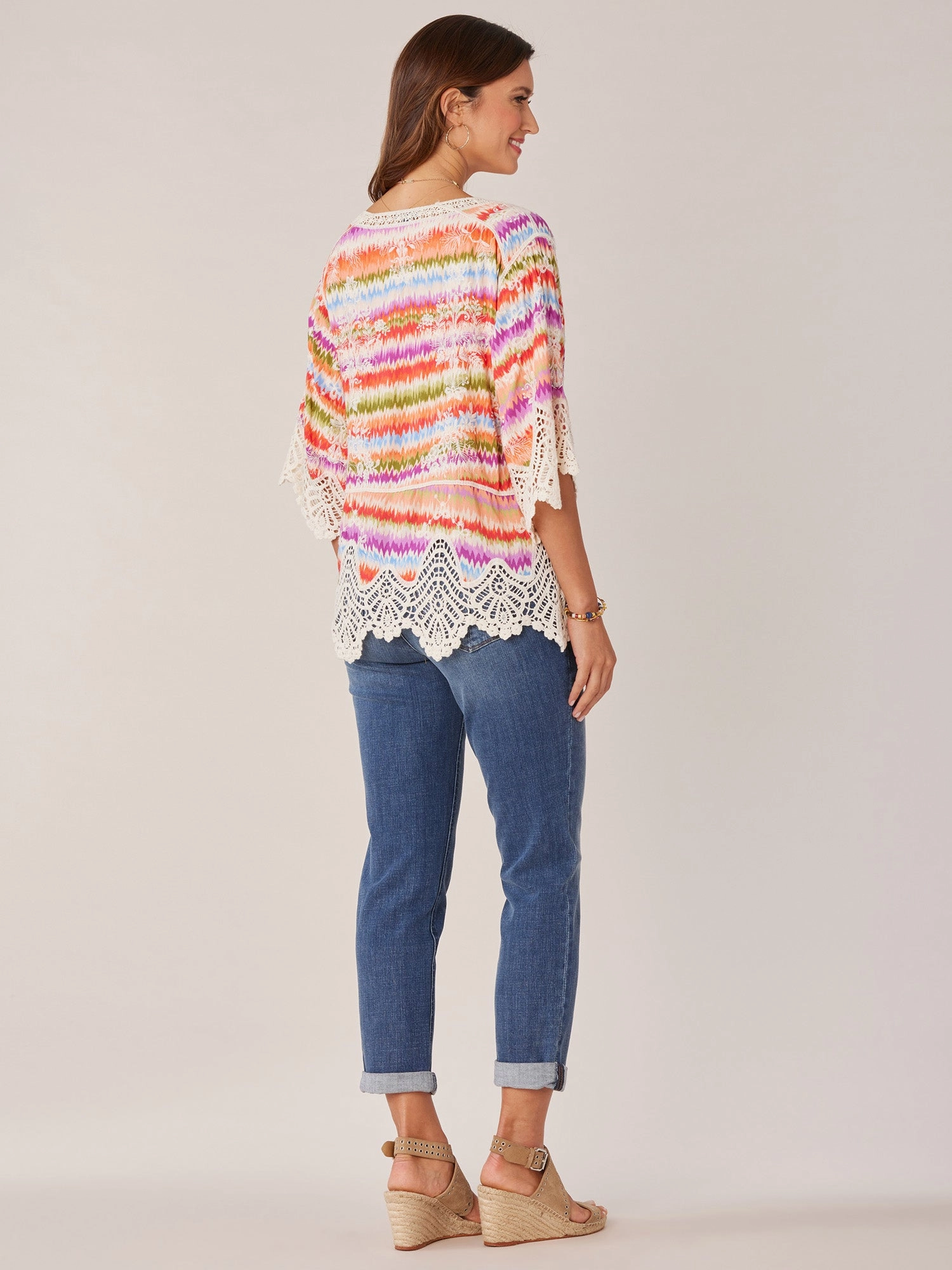 Three Quarter Sleeve V-Notch Neck Peplum Crochet Printed Woven Top
