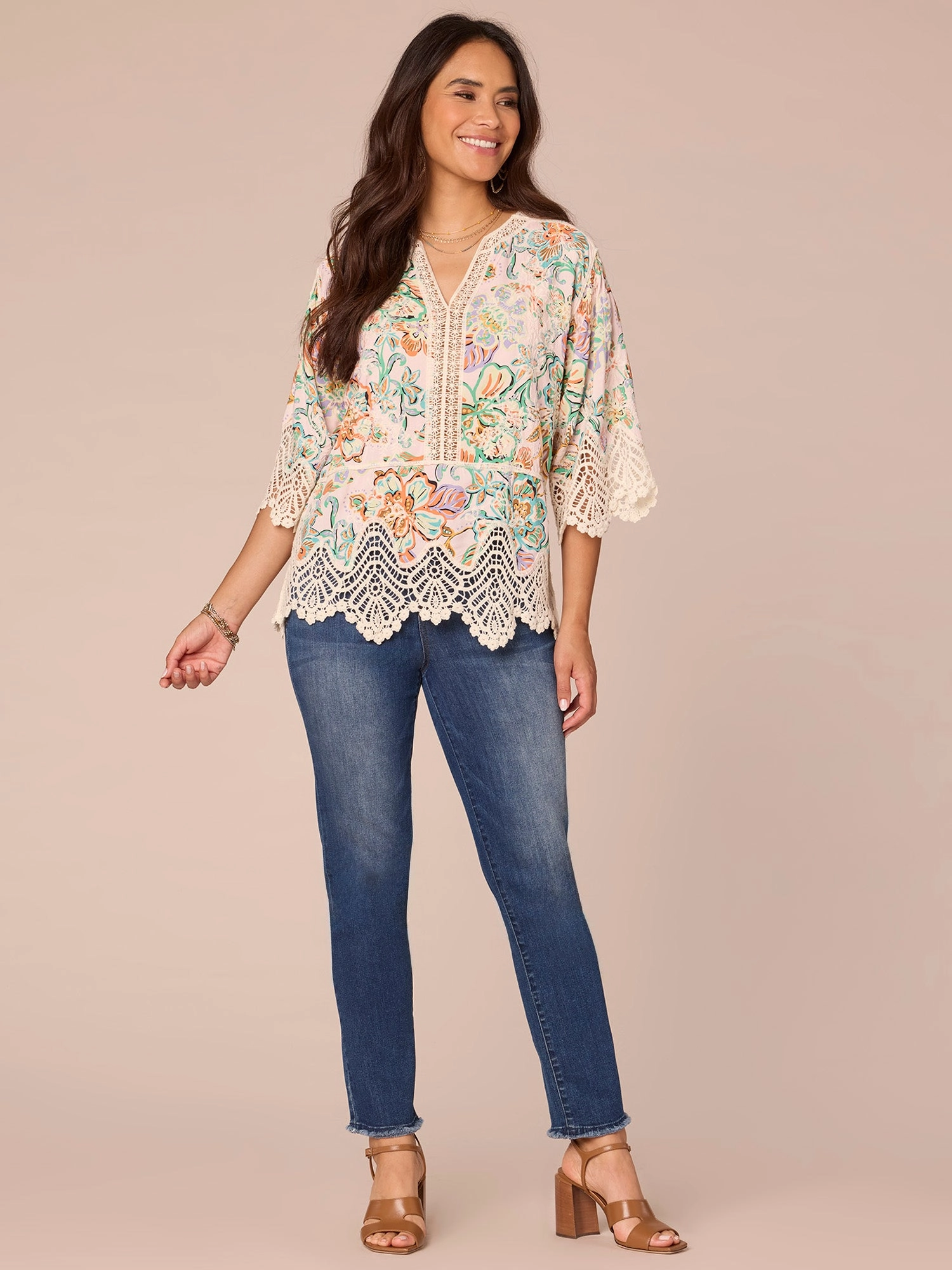 Three Quarter Sleeve V-Notch Neck Peplum Crochet Printed Woven Top
