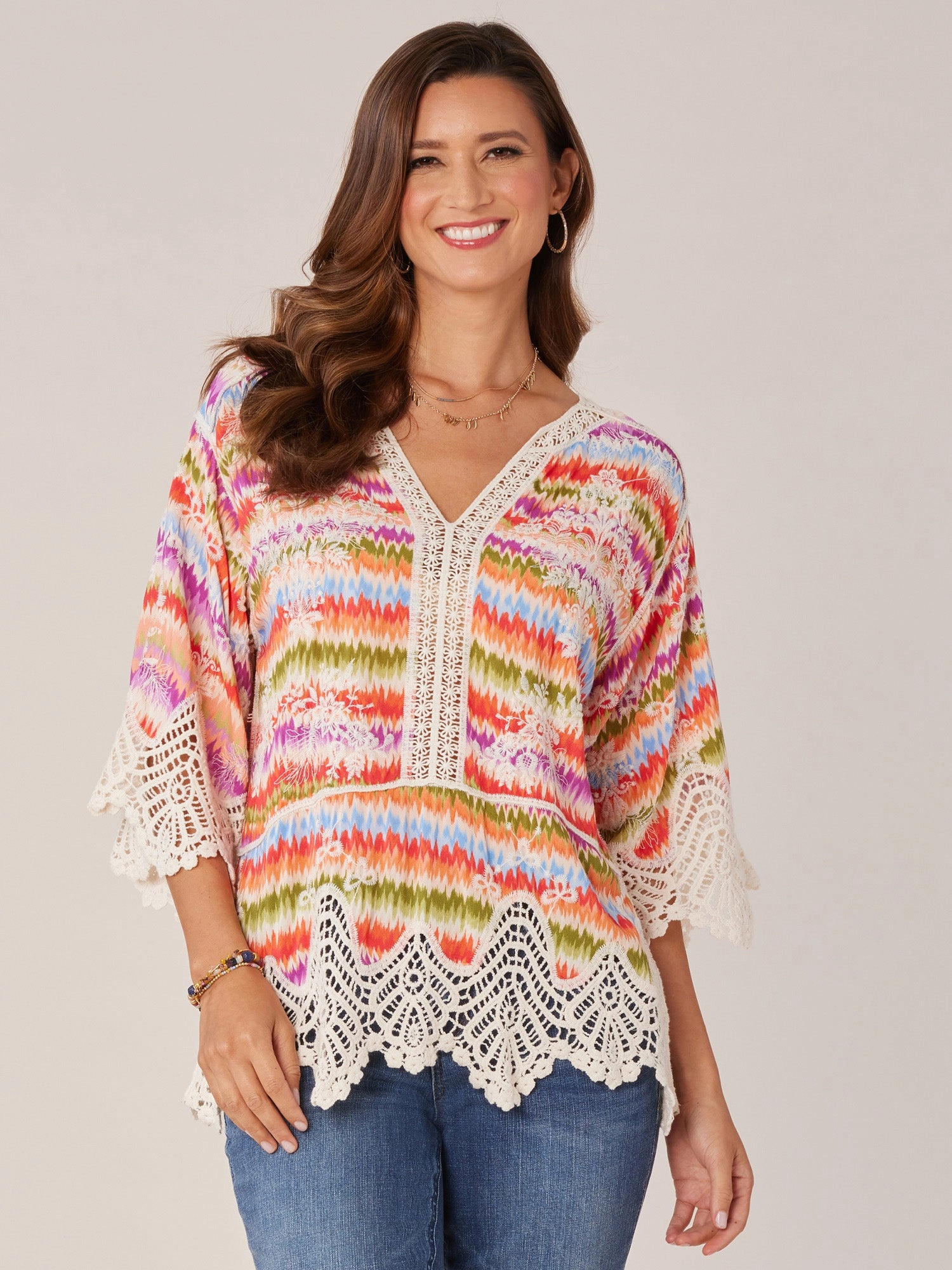 Three Quarter Sleeve V-Notch Neck Peplum Crochet Printed Woven Top
