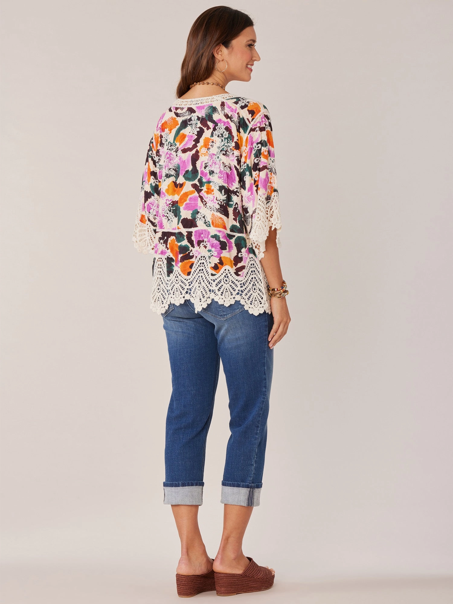 Three Quarter Sleeve V-Notch Neck Peplum Crochet Printed Woven Top