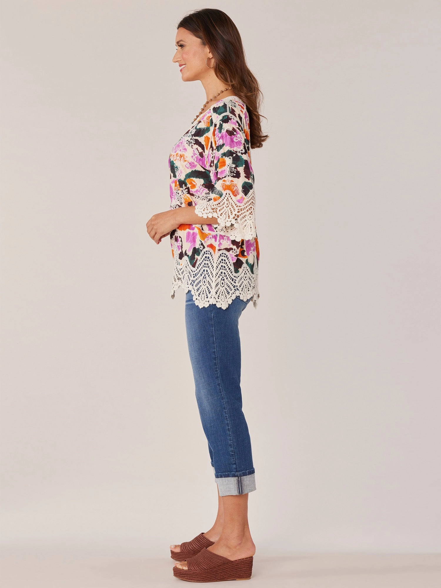 Three Quarter Sleeve V-Notch Neck Peplum Crochet Printed Woven Top