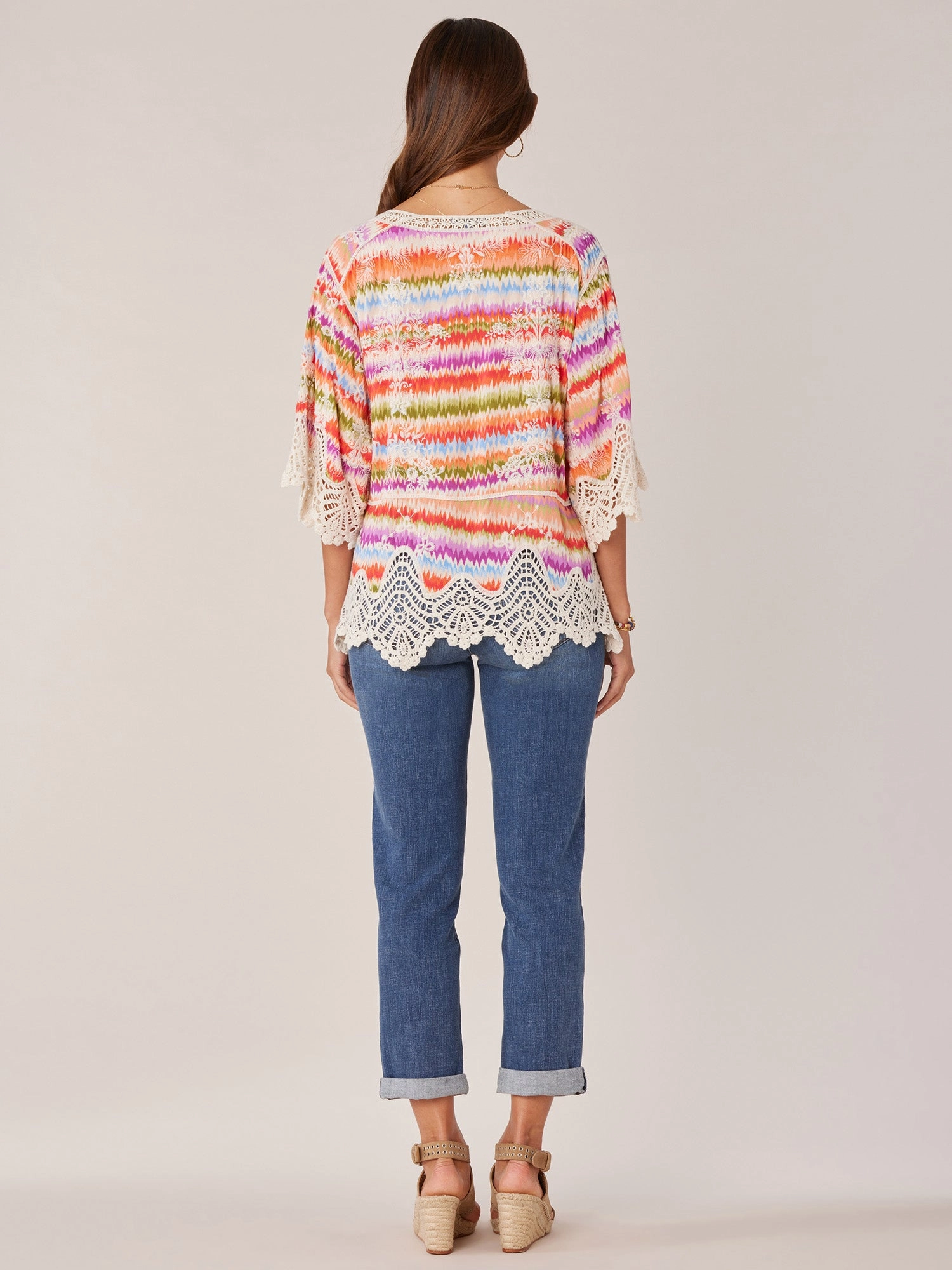 Three Quarter Sleeve V-Notch Neck Peplum Crochet Printed Woven Top
