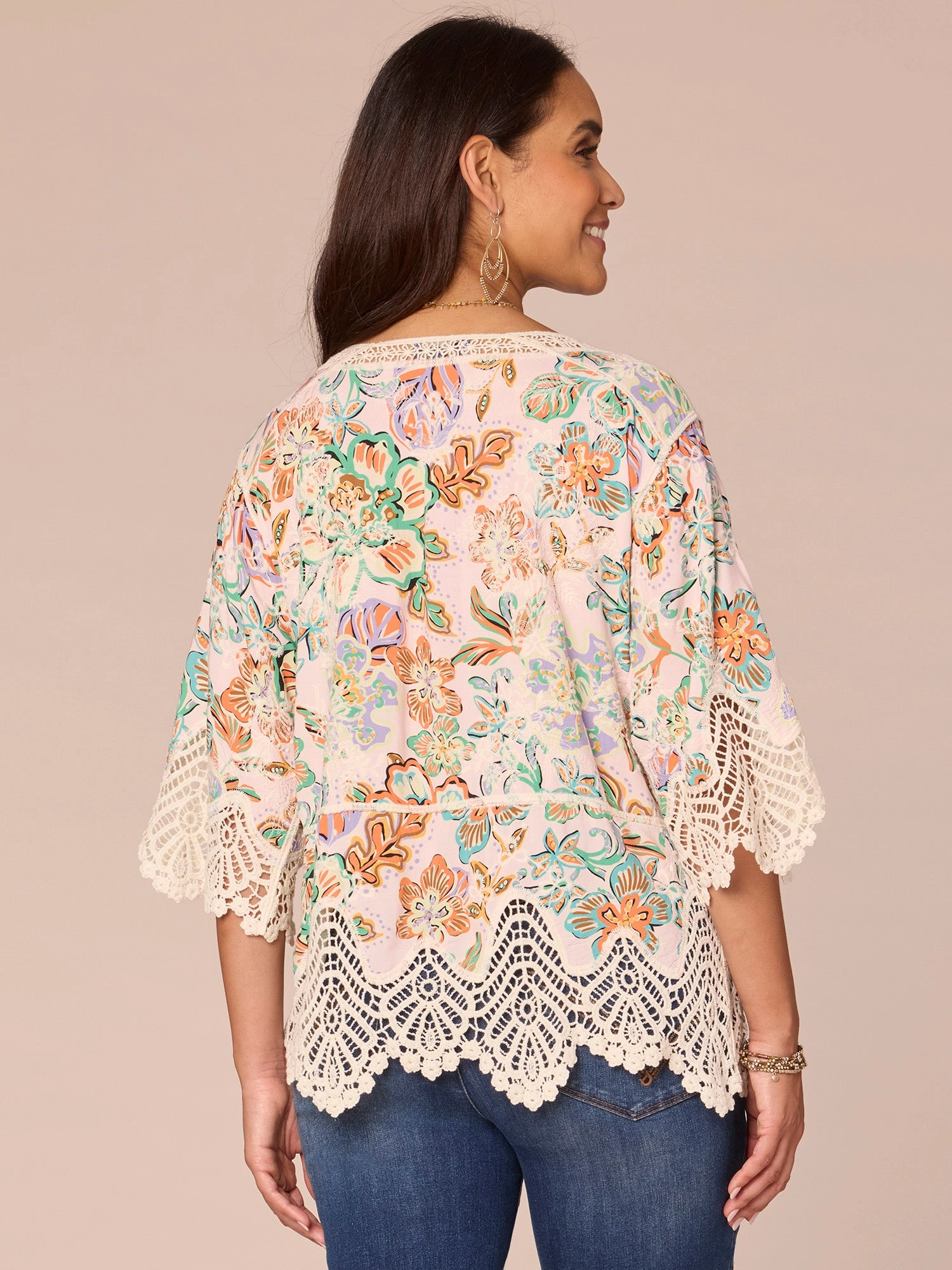 Three Quarter Sleeve V-Notch Neck Peplum Crochet Printed Woven Top