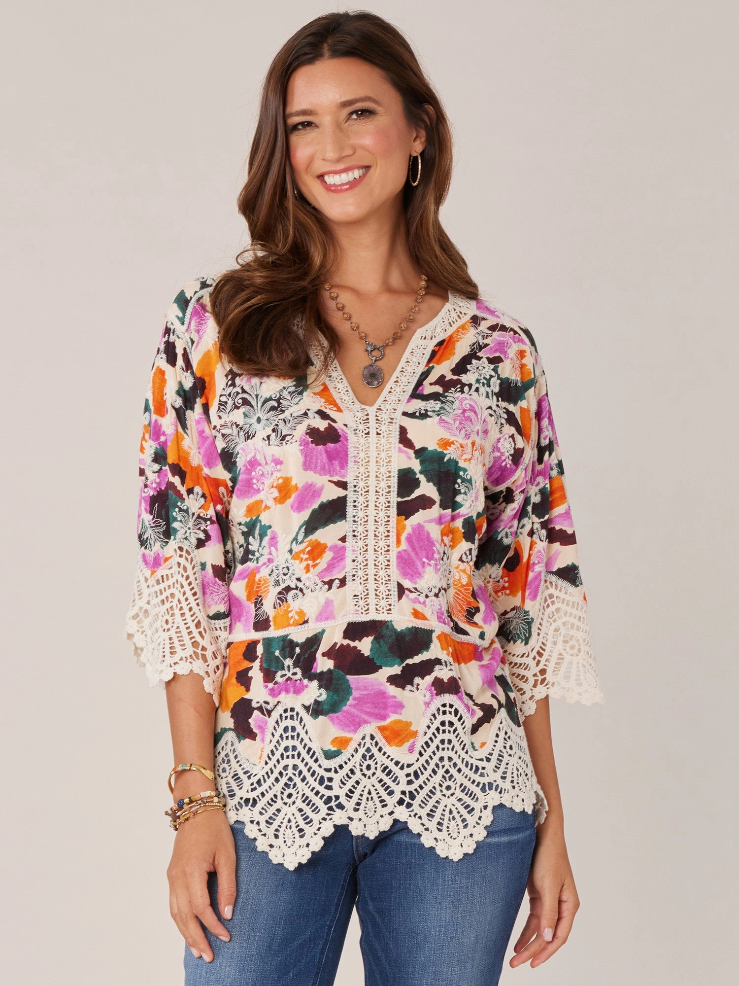 Three Quarter Sleeve V-Notch Neck Peplum Crochet Printed Woven Top