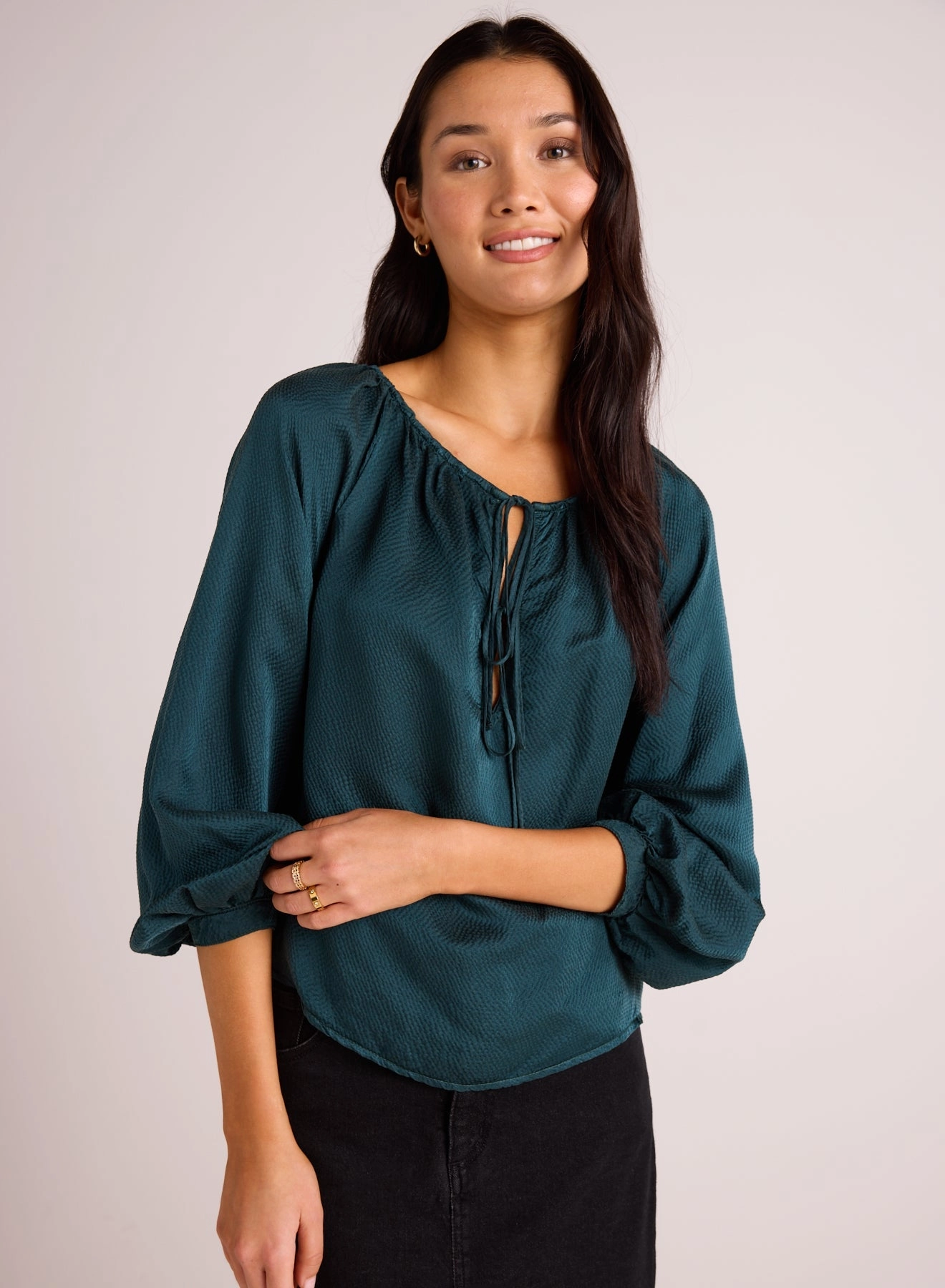 Tie Neck Raglan Top - Marine Teal