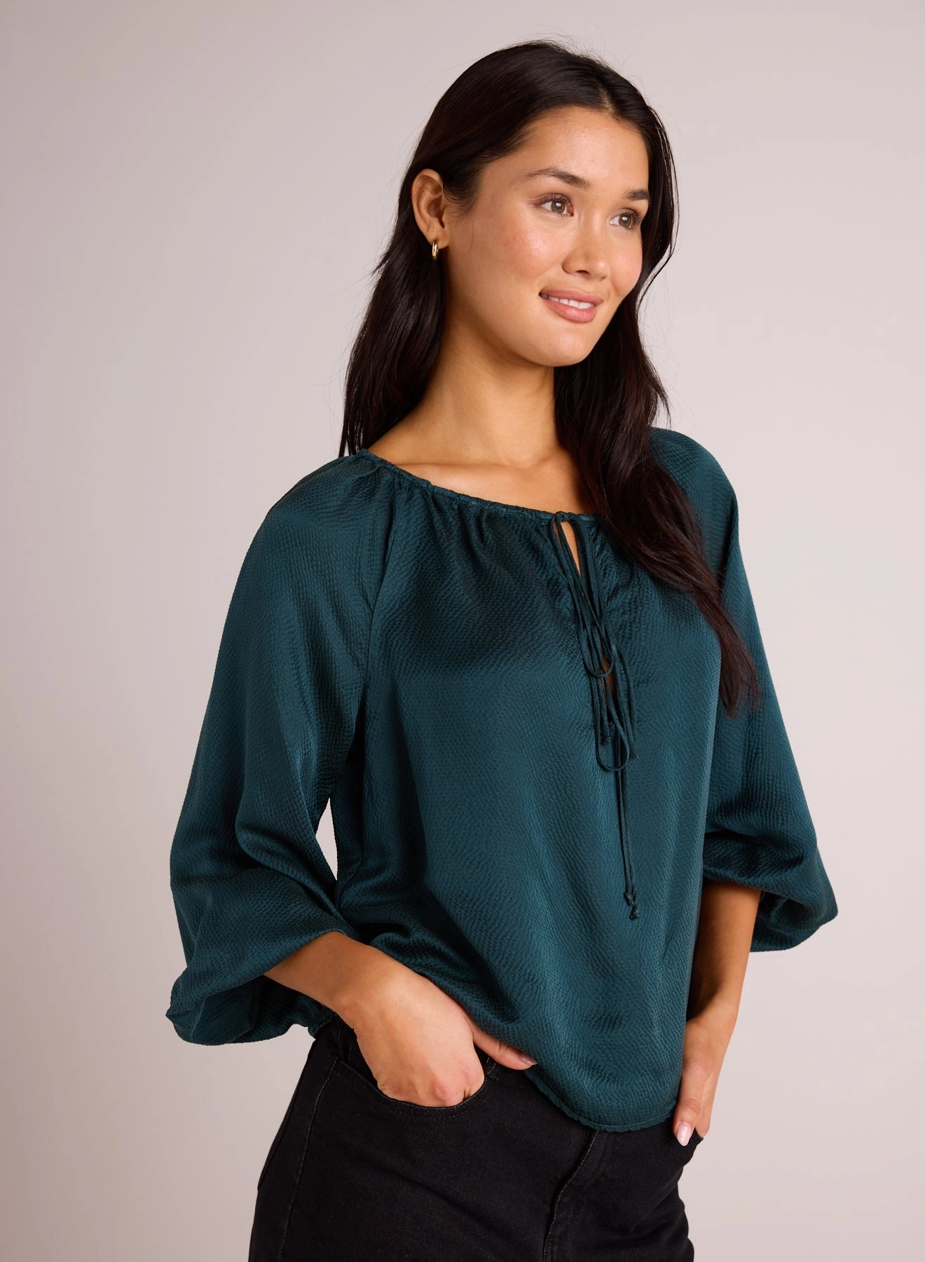 Tie Neck Raglan Top - Marine Teal
