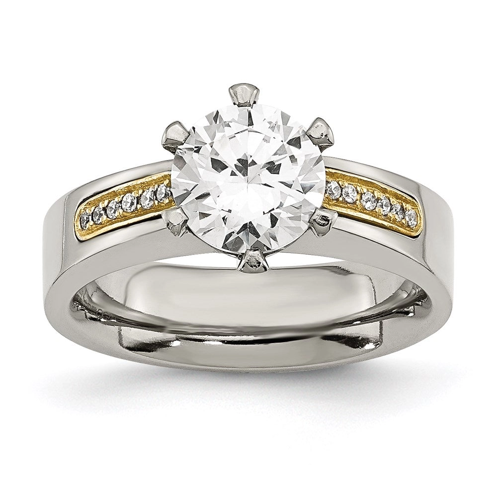 Titanium & 14k Inlay Accent w/CZs Ring | TB359