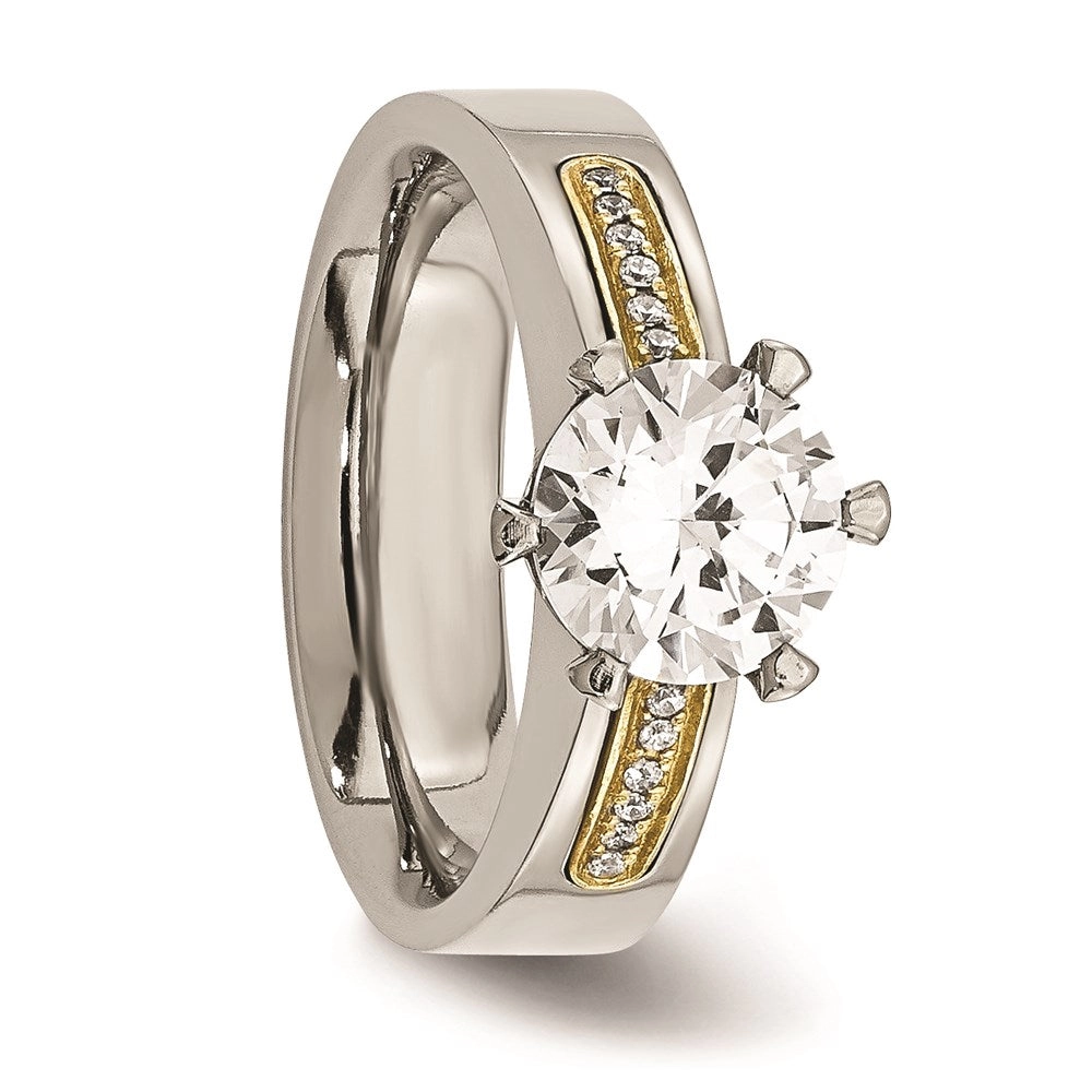Titanium & 14k Inlay Accent w/CZs Ring | TB359